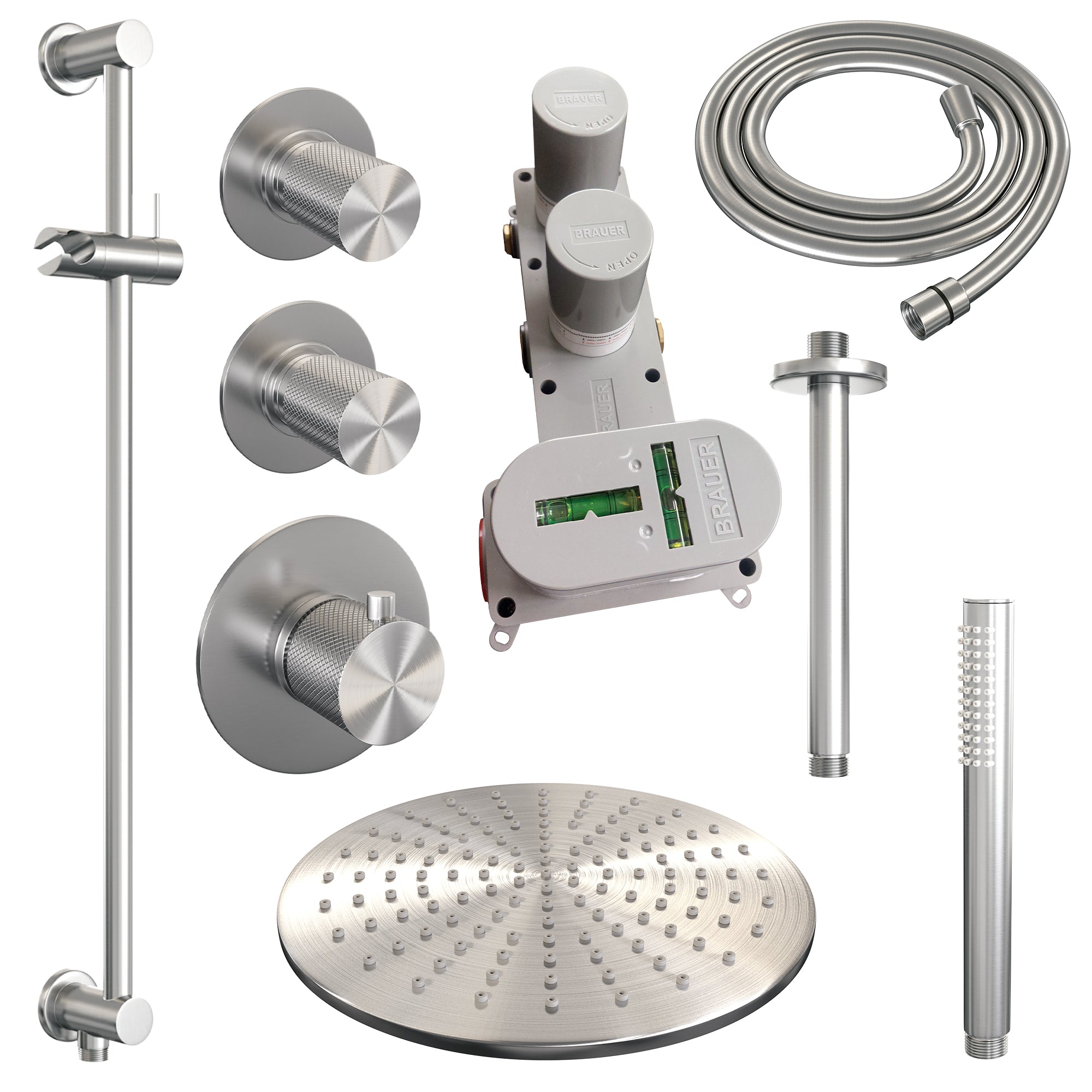 Brauer Carving thermostatische inbouw doucheset - hoofddouche 30cm - plafondbuis - staafhanddouche - Glijstang - chroom