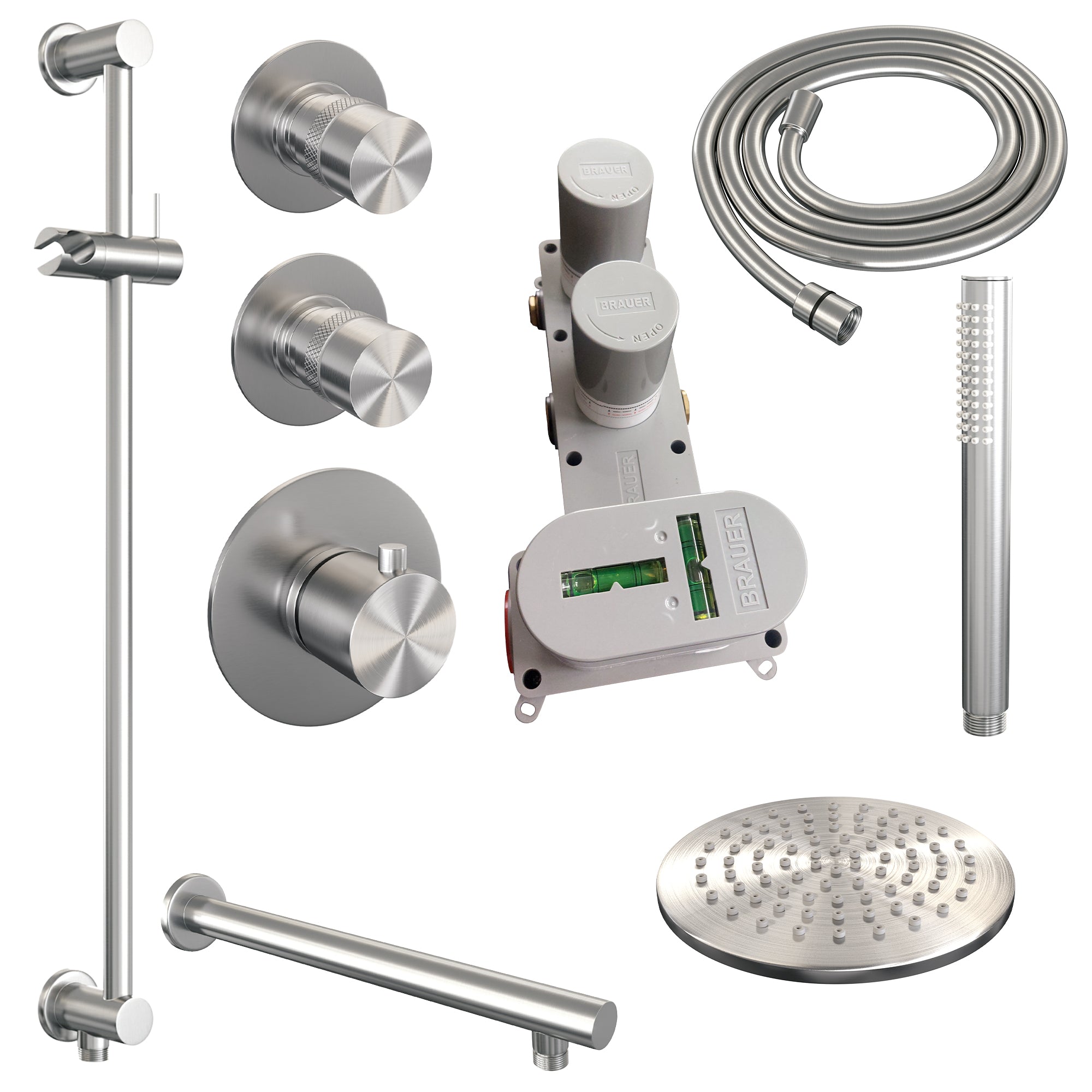 Brauer Edition thermostatische inbouw doucheset - geborsteld RVS PVD - hoofddouche 20cm - wandarm - staafhanddouche - Glijstang - geborsteld RVS PVD