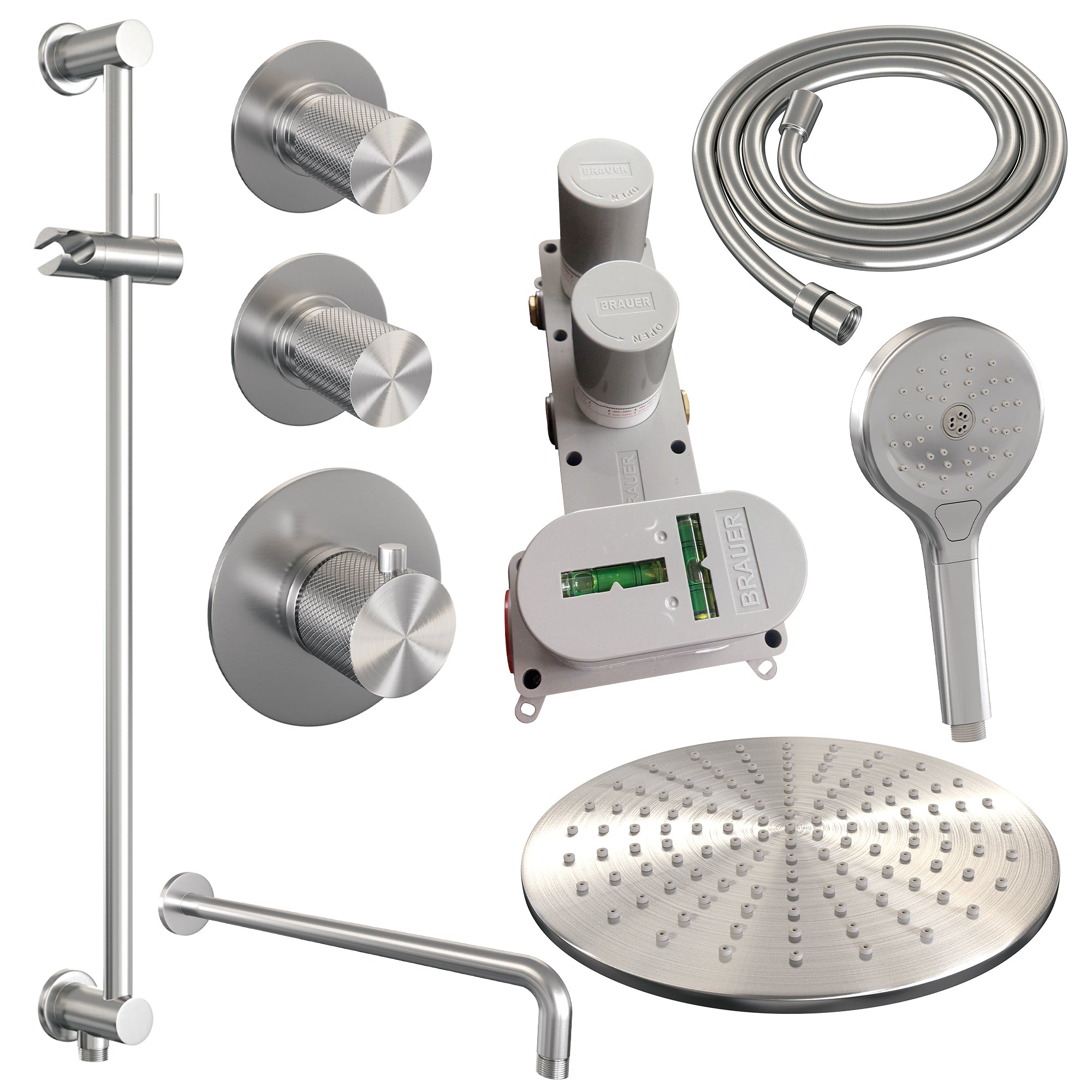 Brauer Carving thermostatische inbouw doucheset - hoofddouche 30cm - gebogen wandarm - 3 standen handdouche rond - Glijstang - chroom
