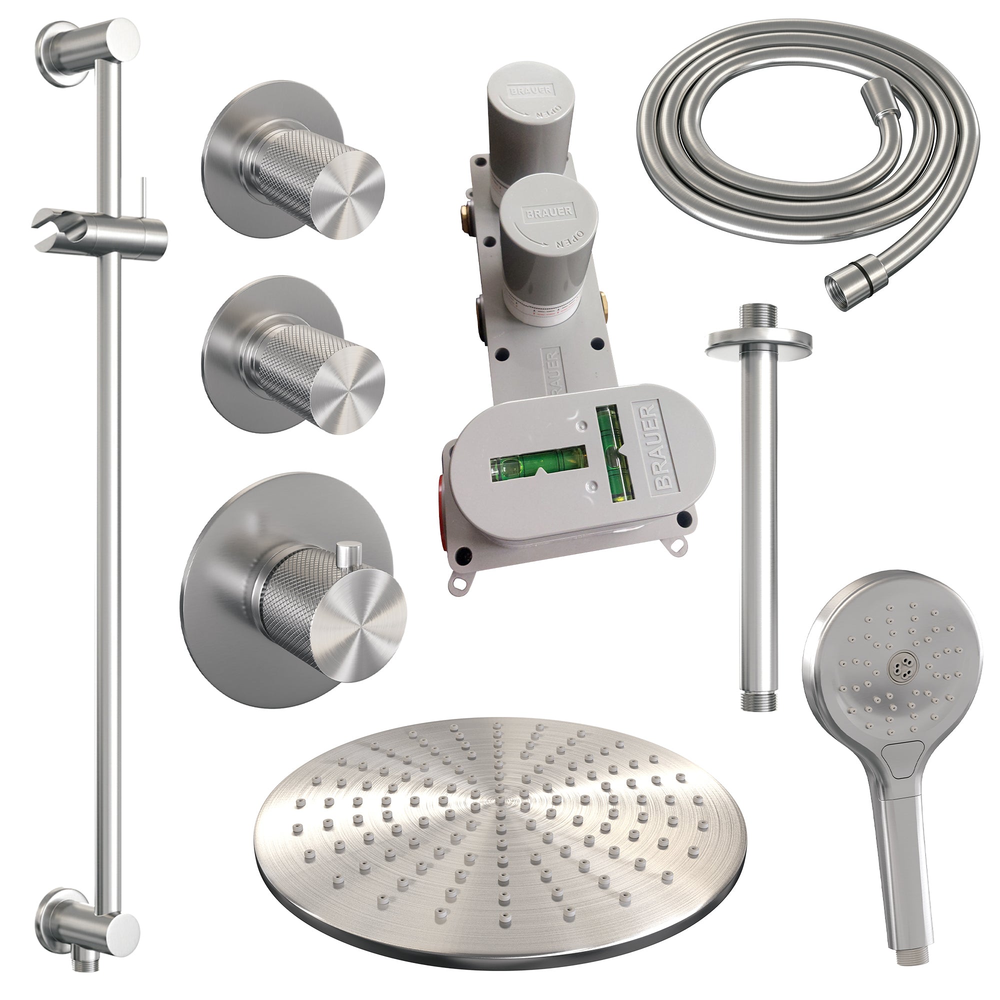 Brauer Carving thermostatische inbouw doucheset - hoofddouche 30cm - plafondbuis - 3 standen handdouche rond - Glijstang - geborsteld RVS PVD