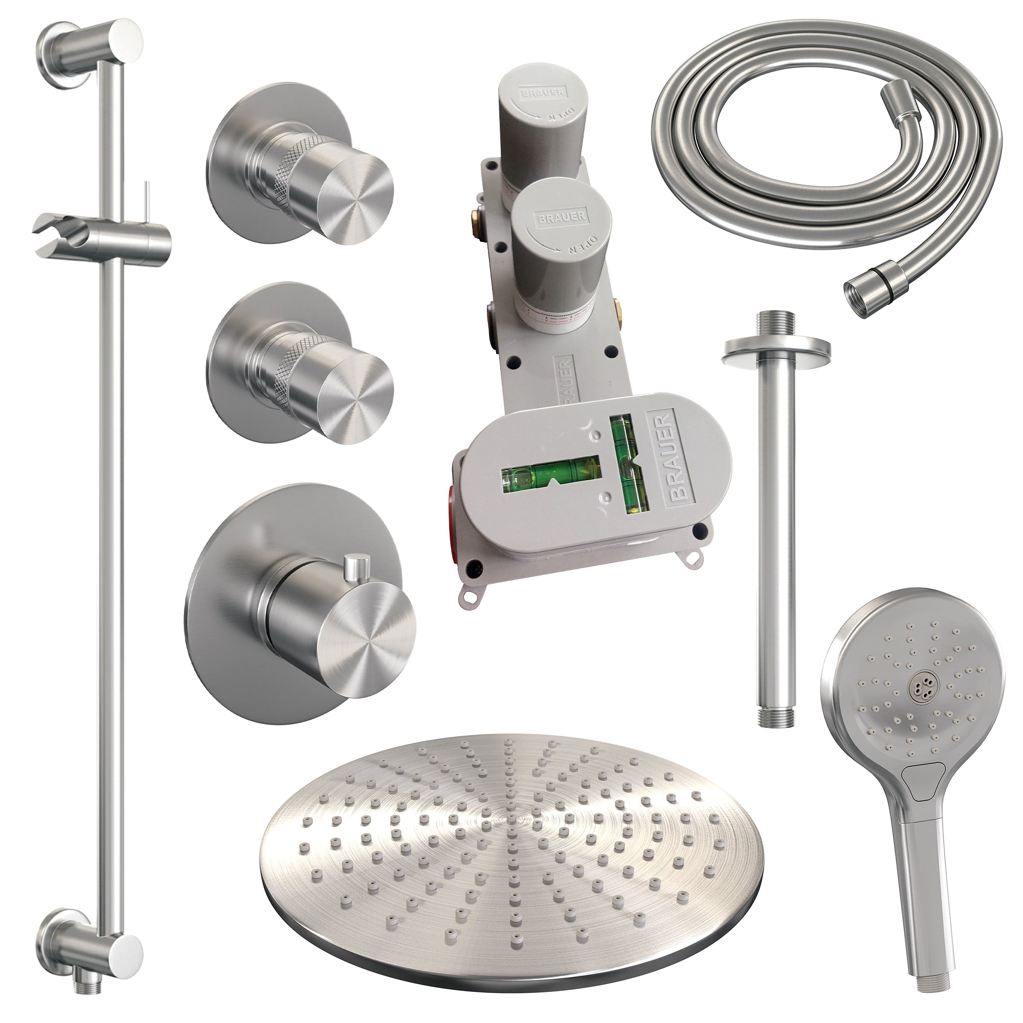 Brauer Edition thermostatische inbouw doucheset - geborsteld RVS PVD - hoofddouche 30cm - plafondsteun - ronde handdouche - Glijstang - geborsteld RVS PVD