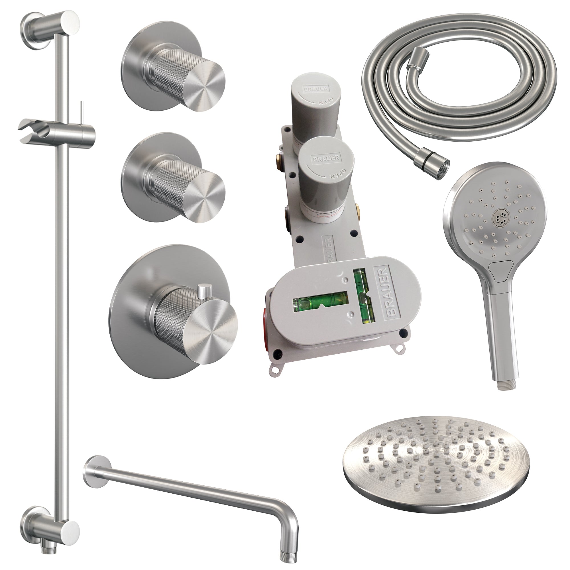 Brauer Carving thermostatische inbouw doucheset - hoofddouche 20cm - gebogen wandarm - 3 standen handdouche rond - Glijstang - geborsteld RVS PVD
