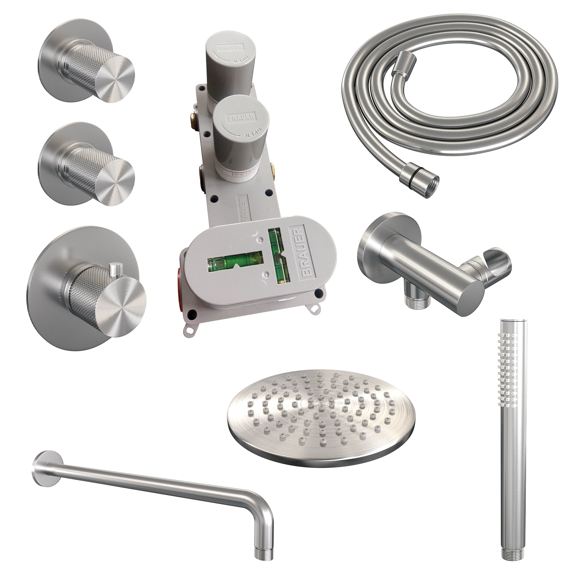 Brauer Carving thermostatische inbouw doucheset - hoofddouche 20cm - gebogen wandarm - staafhanddouche - geborsteld RVS PVD