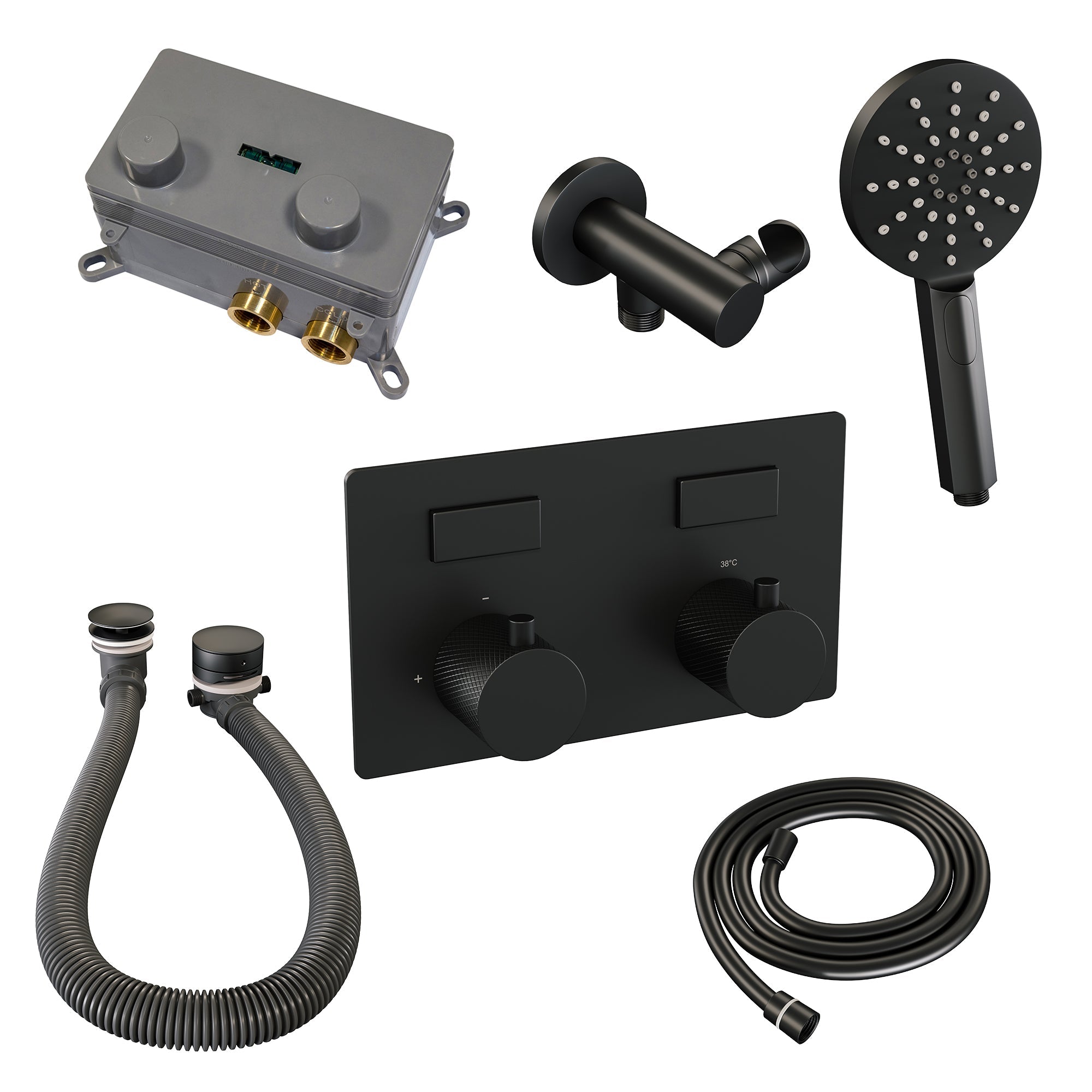 Brauer Carving inbouw badthermostaat - drukknoppen - badafvoer/vulcombinatie - 3-standen handdouche - Mat Zwart