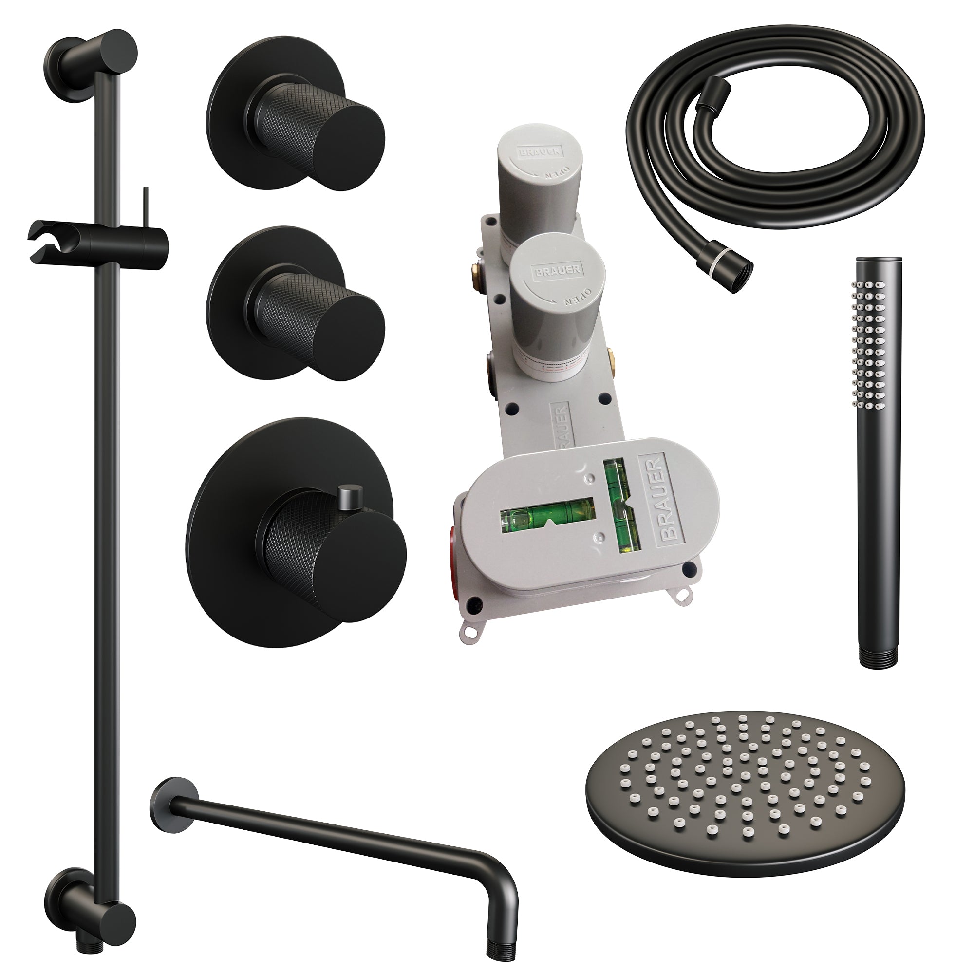 Brauer Carving thermostatische inbouw doucheset - hoofddouche 20cm - gebogen wandarm - staafhanddouche - Glijstang - Mat Zwart