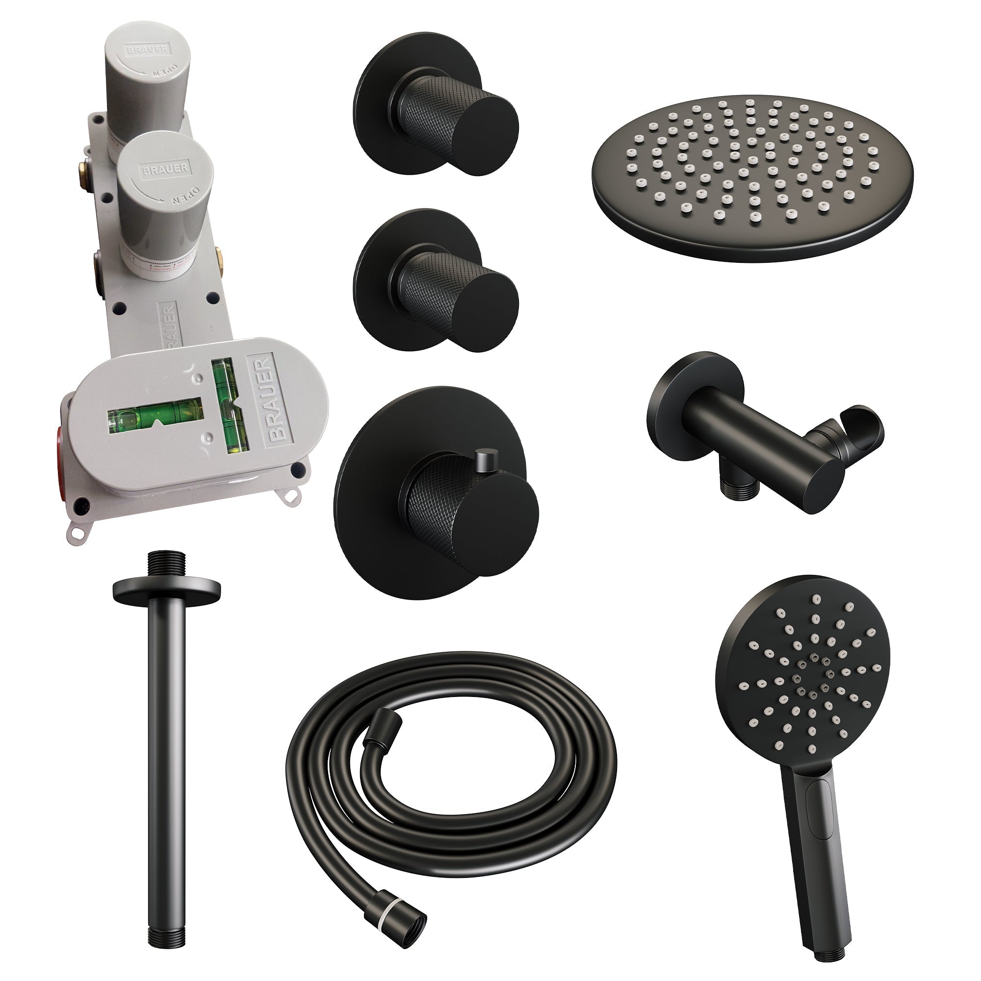 Brauer Carving thermostatische inbouw doucheset - hoofddouche 20cm - plafondbuis - 3 standen handdouche rond - Mat Zwart