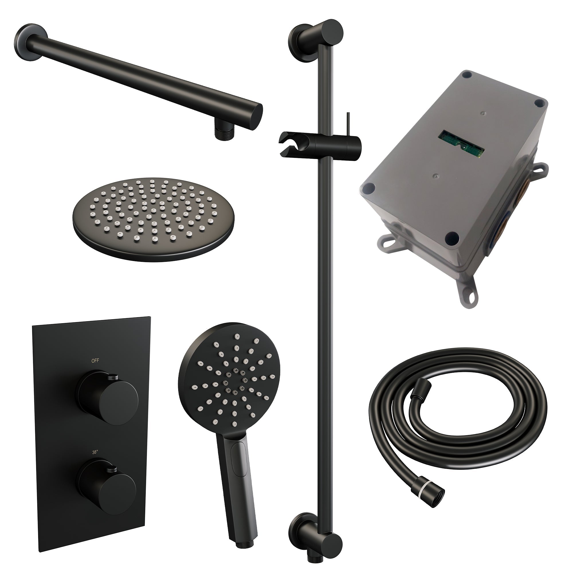 Brauer Edition inbouwset met 3-weg thermostaat - hoofddouche 20cm - rechte wandarm 40cm - ronde 3-standen handdouche - glijstang met aansluitbocht - Mat Zwart
