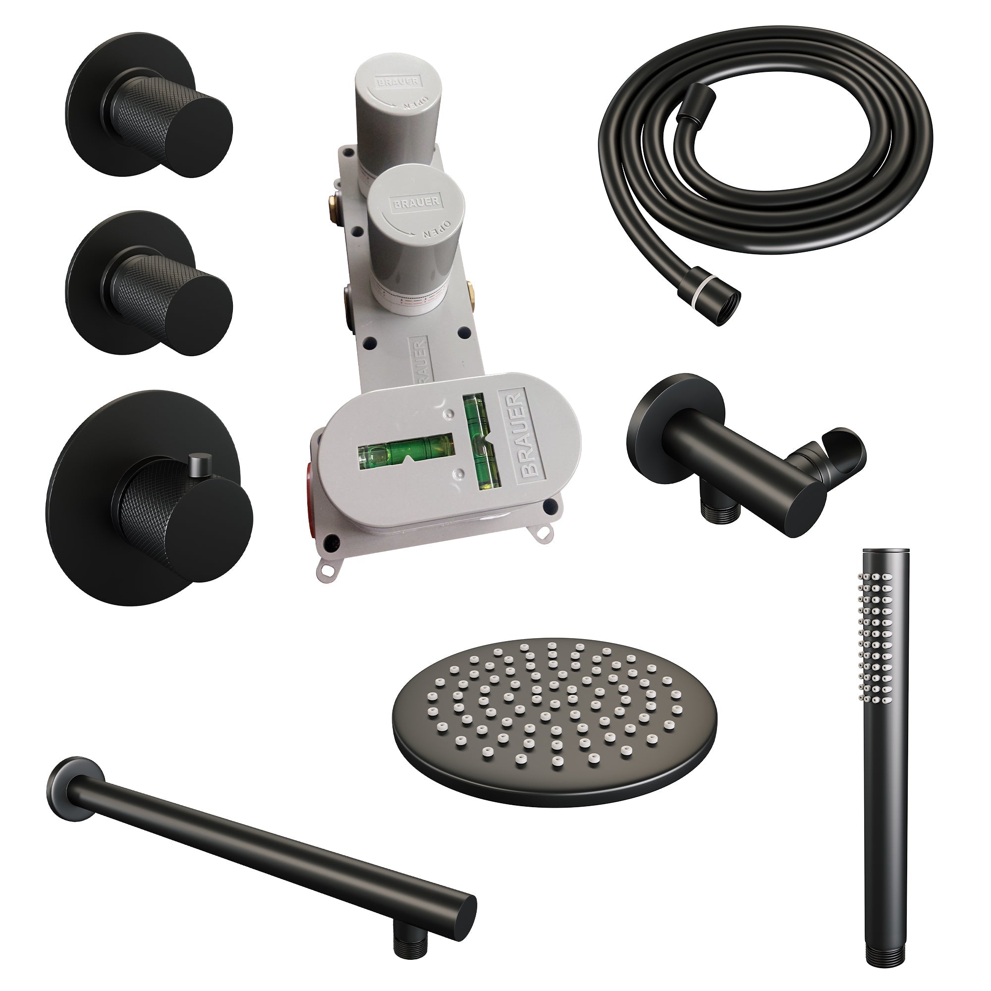 Brauer Carving thermostatische inbouw doucheset - hoofddouche 20cm - rechte wandarm - staafhanddouche - Mat Zwart
