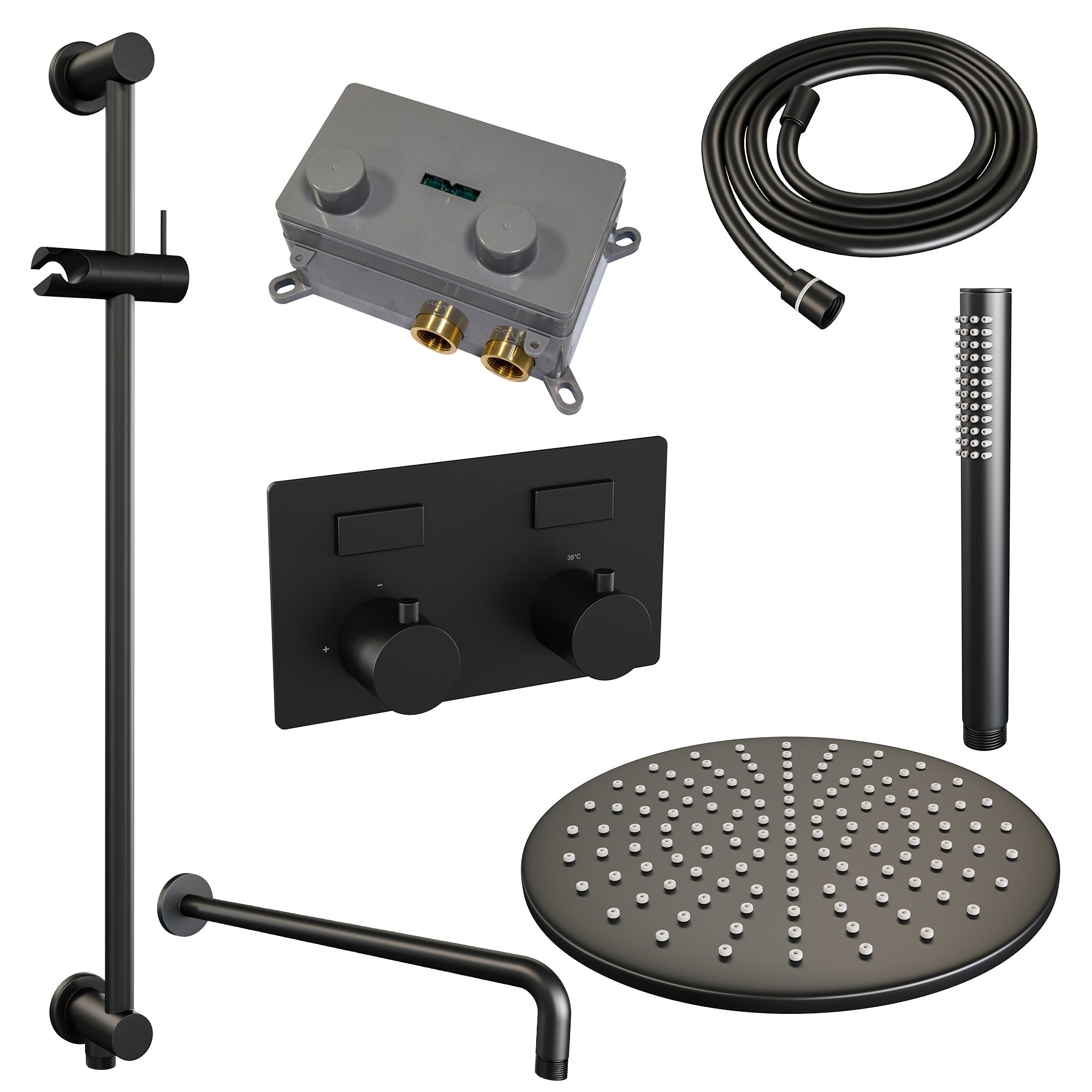 Brauer Edition inbouw doucheset - staafhanddouche - 30cm hoofdouche - gebogen wandarm - glijstang - Mat Zwart