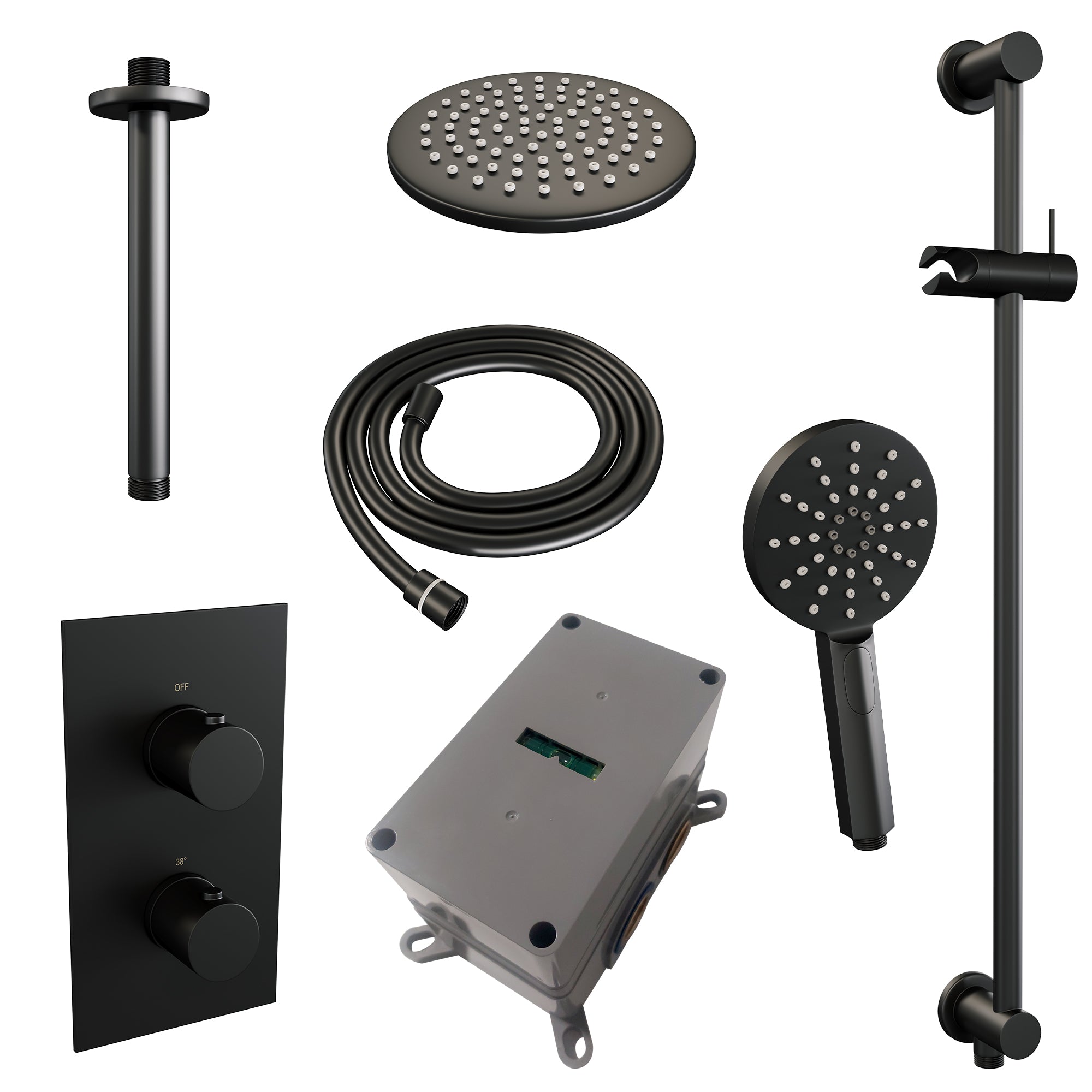 Brauer Edition inbouwset met 3-weg thermostaat - hoofddouche 20cm - plafondbuis 20cm - ronde 3-standen handdouche - glijstang met aansluitbocht - Mat Zwart