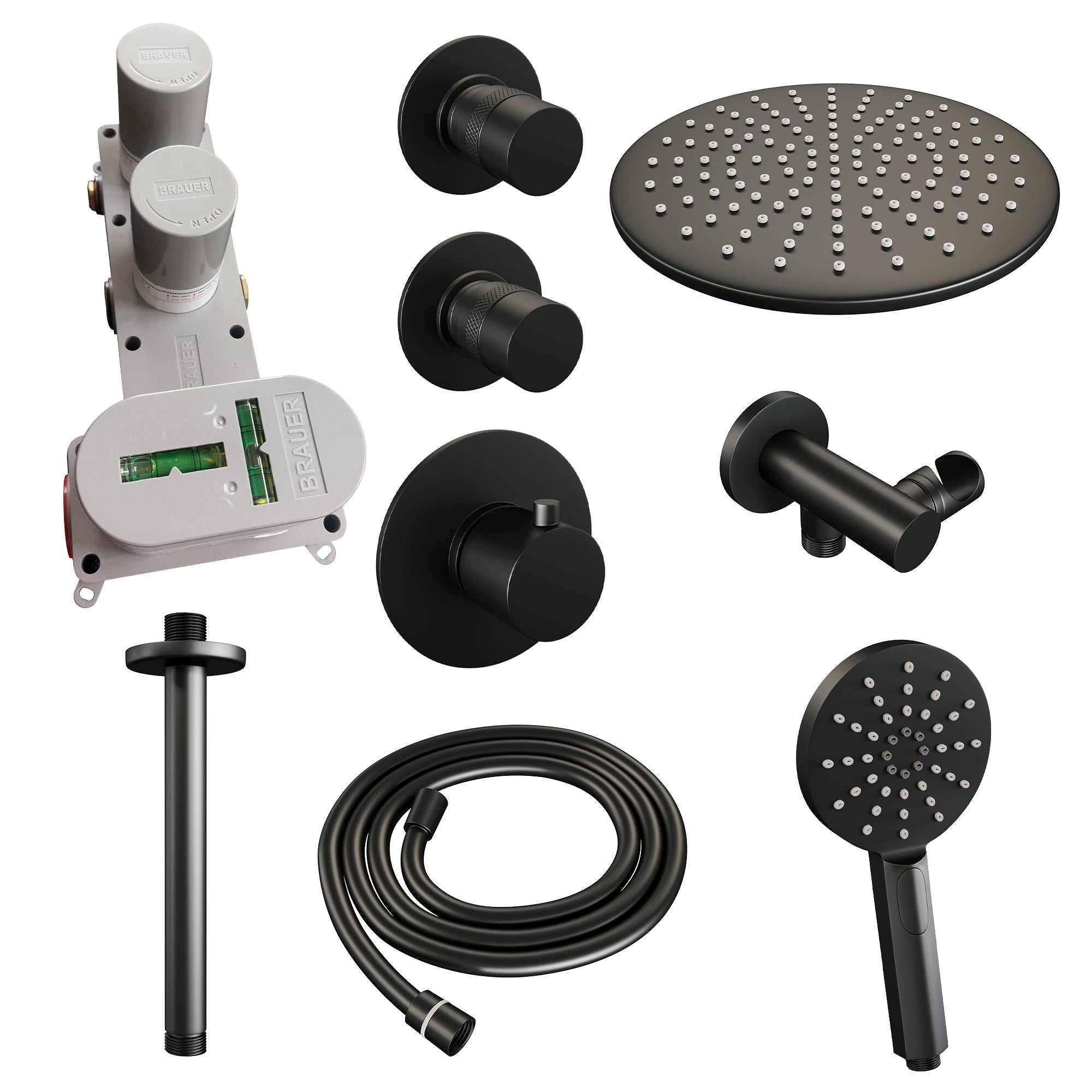 Brauer Edition thermostatische inbouw doucheset - Mat Zwart - hoofddouche 30cm - plafondsteun - ronde handdouche