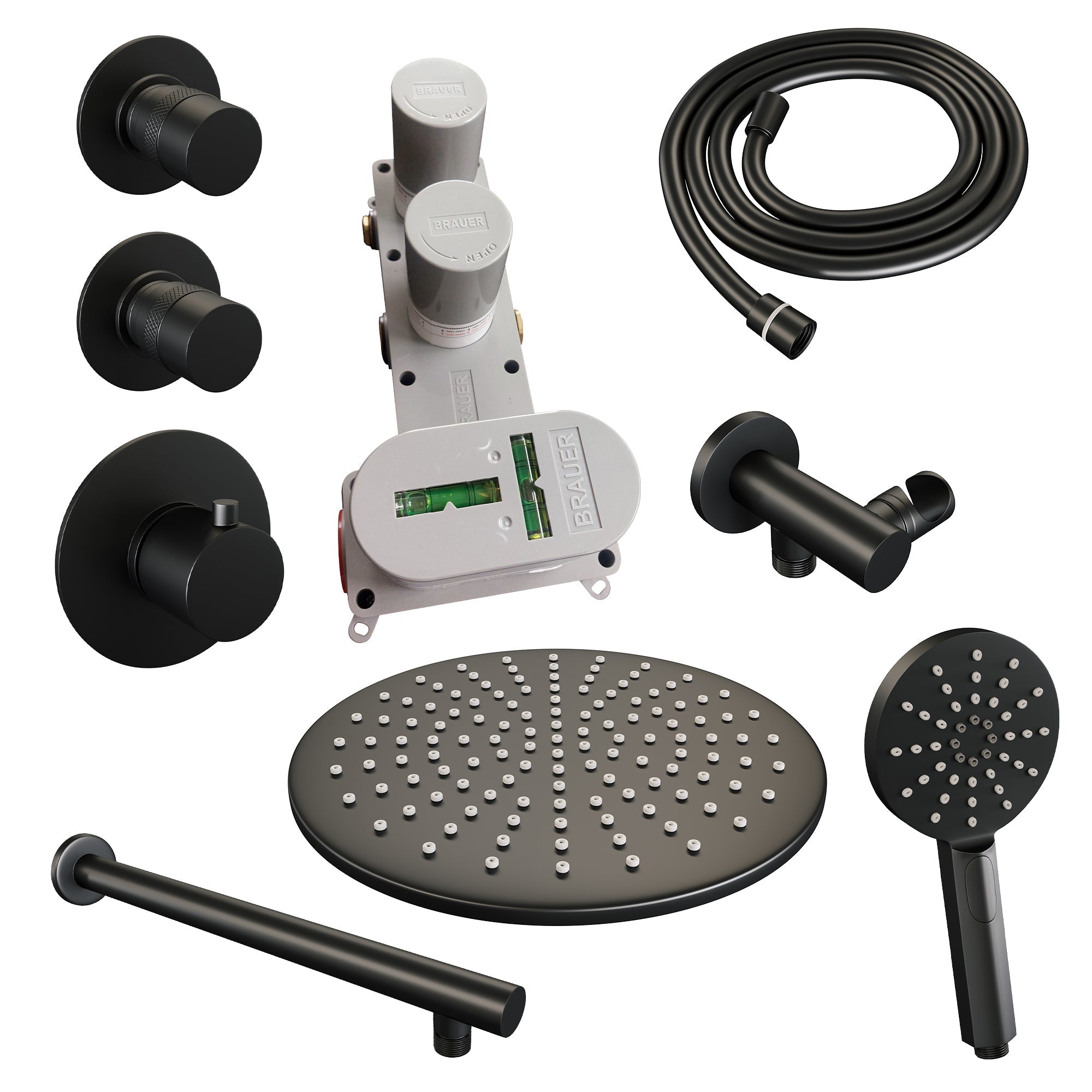Brauer Edition thermostatische inbouw doucheset - Mat Zwart - hoofddouche 30cm - wandarm - ronde handdouche