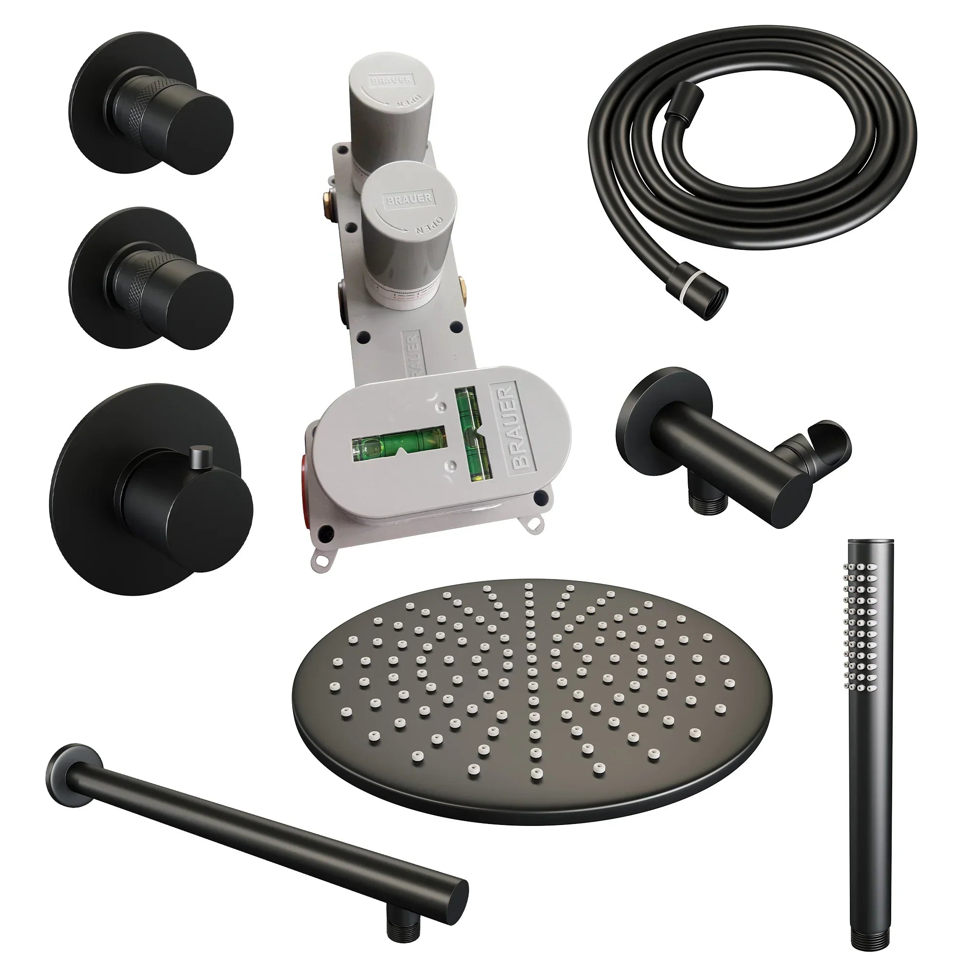 Brauer Edition thermostatische inbouw doucheset - Mat Zwart - hoofddouche 30cm - wandarm - staafhanddouche