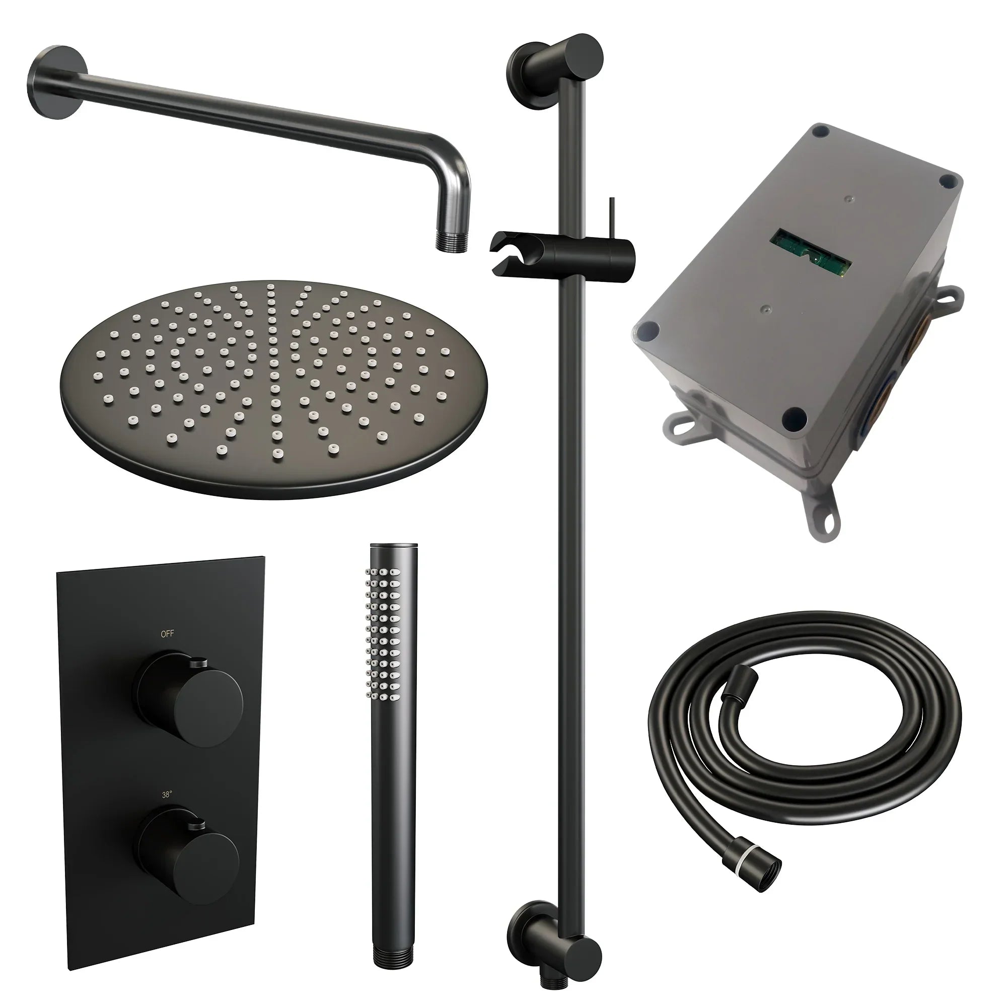 Brauer Edition inbouwset met 3-weg thermostaat - hoofddouche 30cm - gebogen wandarm 40cm - staafhanddouche - glijstang met aansluitbocht - Mat Zwart