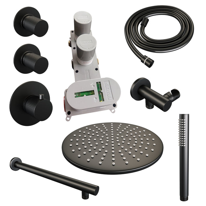 Brauer Carving thermostatische inbouw doucheset - hoofddouche 30cm - rechte wandarm - staafhanddouche - Mat Zwart