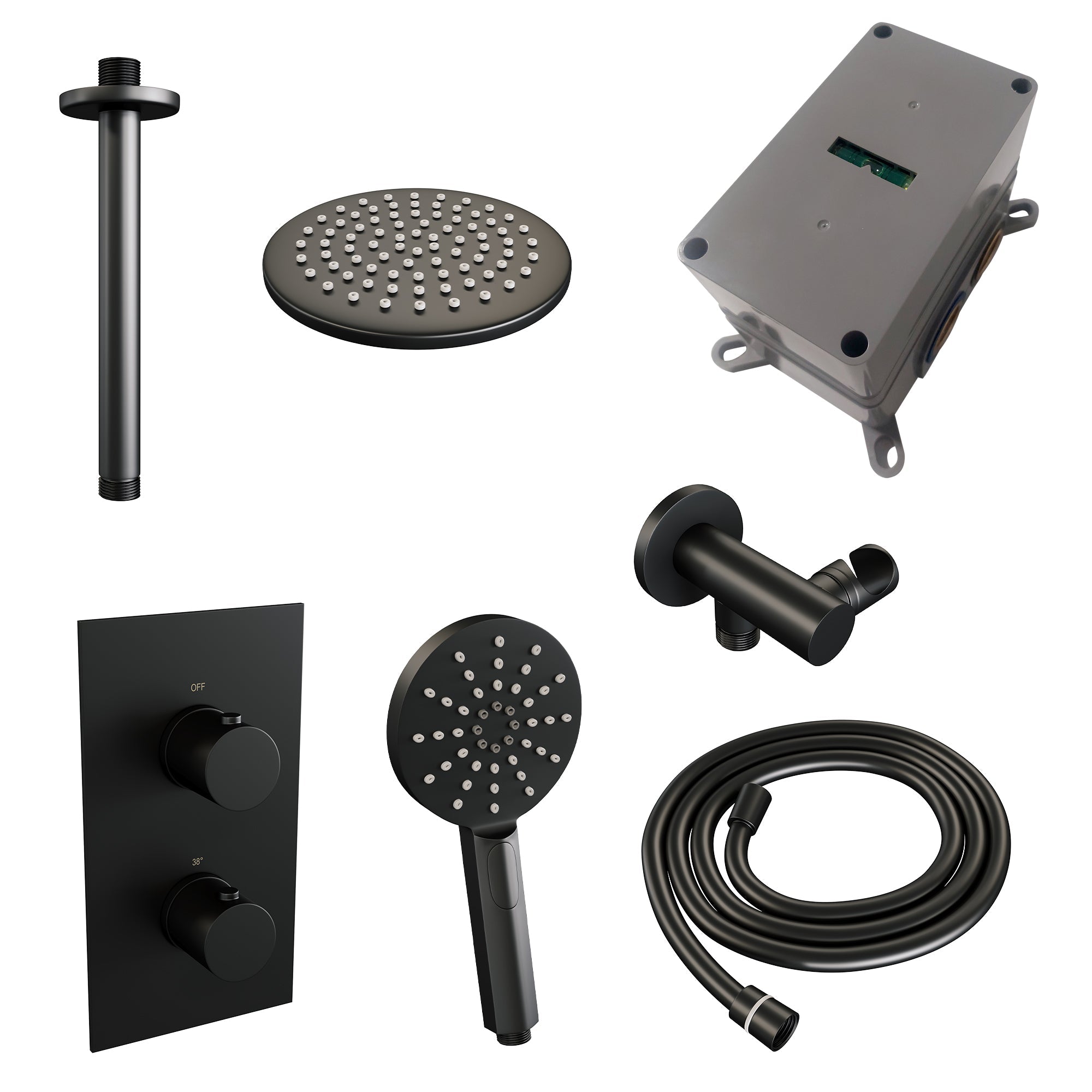 Brauer Edition inbouwset met 3-weg thermostaat - hoofddouche 20cm - plafondbuis 20cm - ronde 3-standen handdouche - wandaansluiting - Mat Zwart