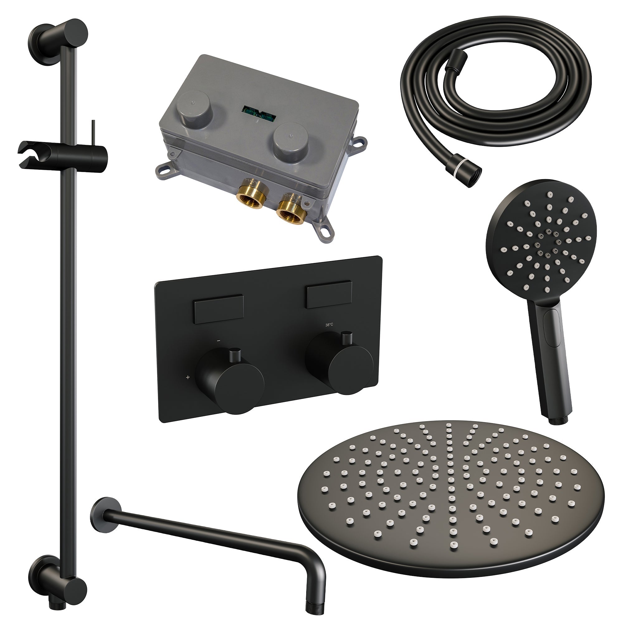 Brauer Edition inbouw doucheset - ronde handdouche - 30cm hoofdouche - gebogen wandarm - glijstang - Mat Zwart