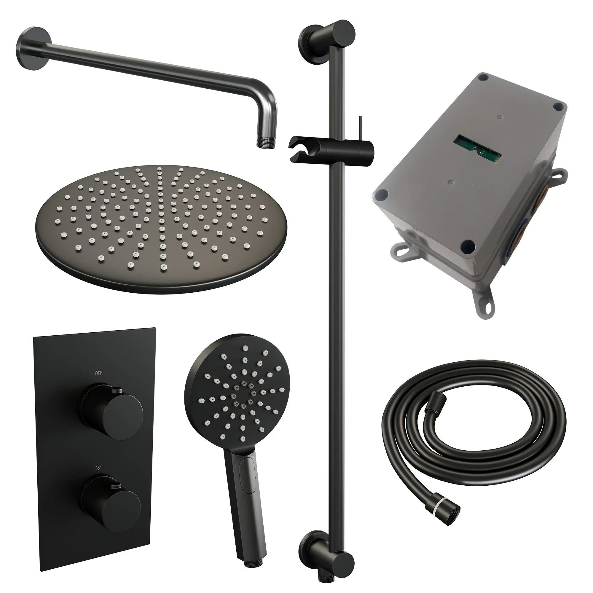 Brauer Edition inbouwset met 3-weg thermostaat - hoofddouche 30cm - gebogen wandarm 40cm - ronde 3-standen handdouche - glijstang met aansluitbocht - Mat Zwart