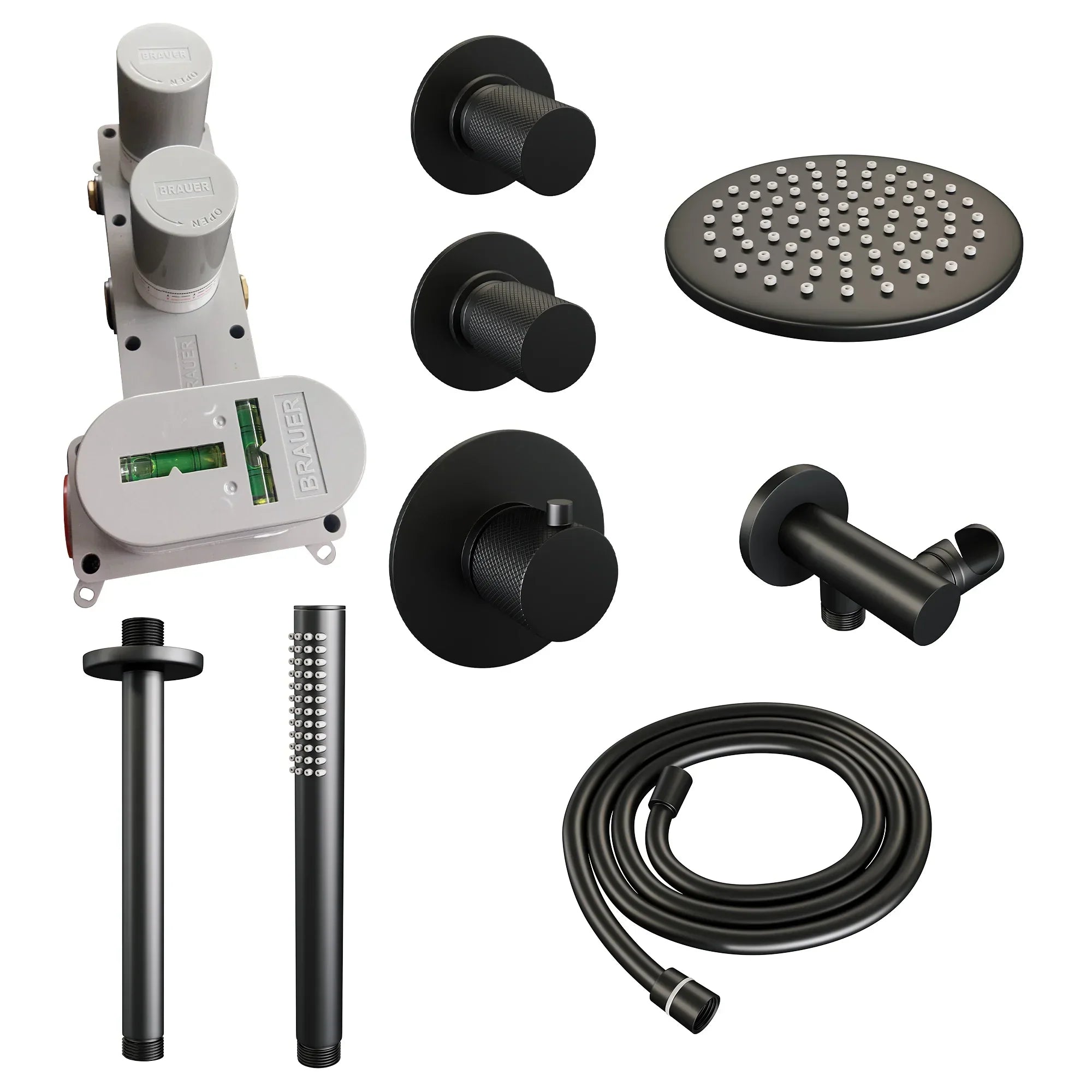 Brauer Carving thermostatische inbouw doucheset - hoofddouche 20cm - plafondbuis - staafhanddouche - Mat Zwart