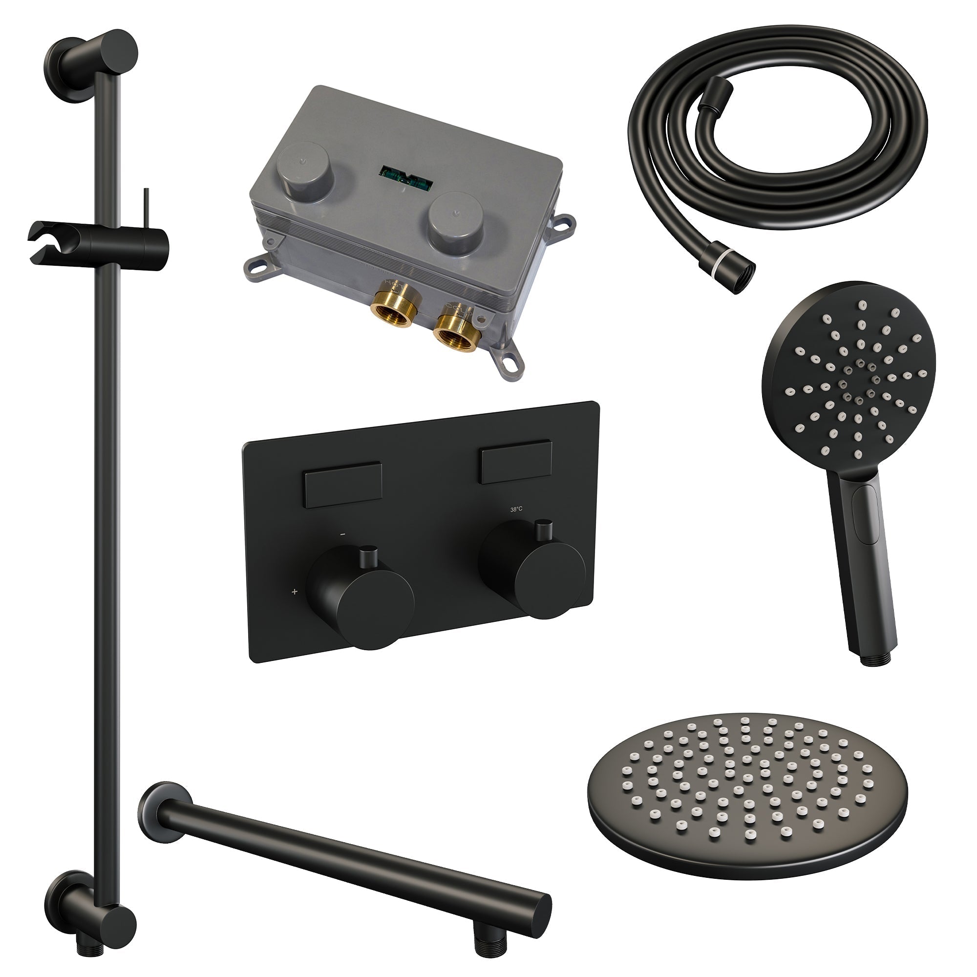 Brauer Edition inbouw doucheset - ronde handdouche - 20cm hoofdouche - rechte wandarm - glijstang - Mat Zwart