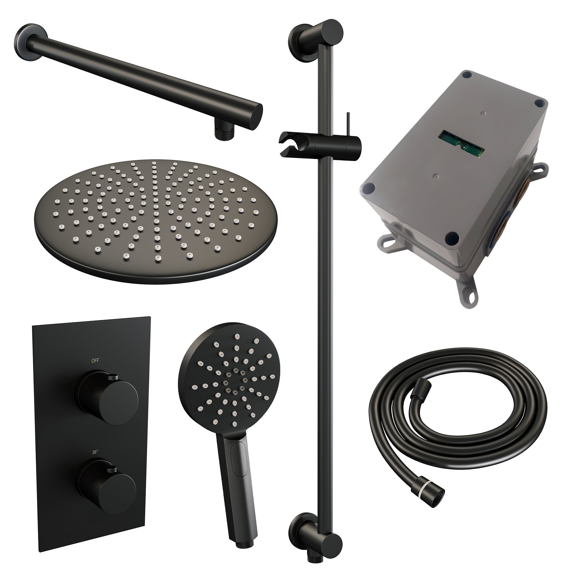 Brauer Edition inbouwset met 3-weg thermostaat - hoofddouche 30cm - rechte wandarm 40cm - ronde 3-standen handdouche - glijstang met aansluitbocht - Mat Zwart