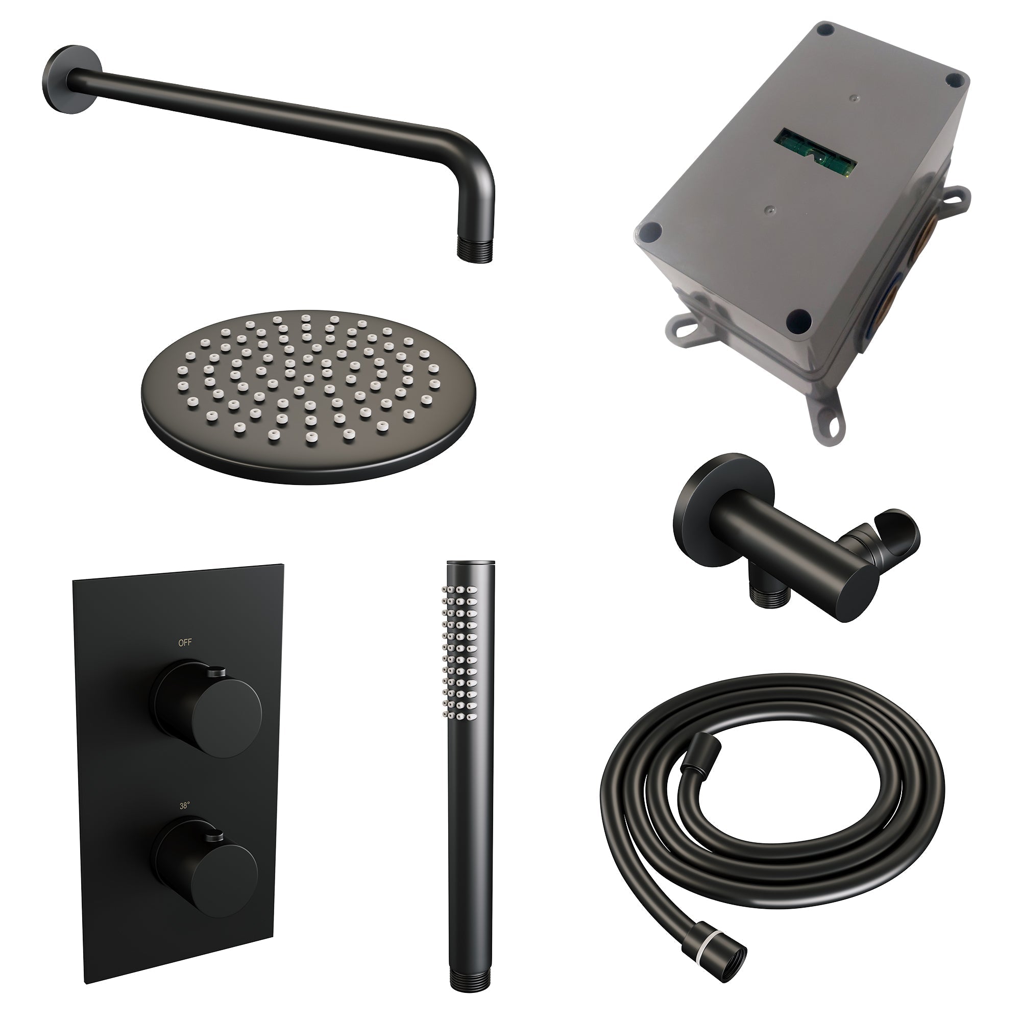 Brauer Edition inbouwset met 3-weg thermostaat - hoofddouche 20cm - gebogen wandarm 40cm - staafhanddouche - wandaansluiting - Mat Zwart