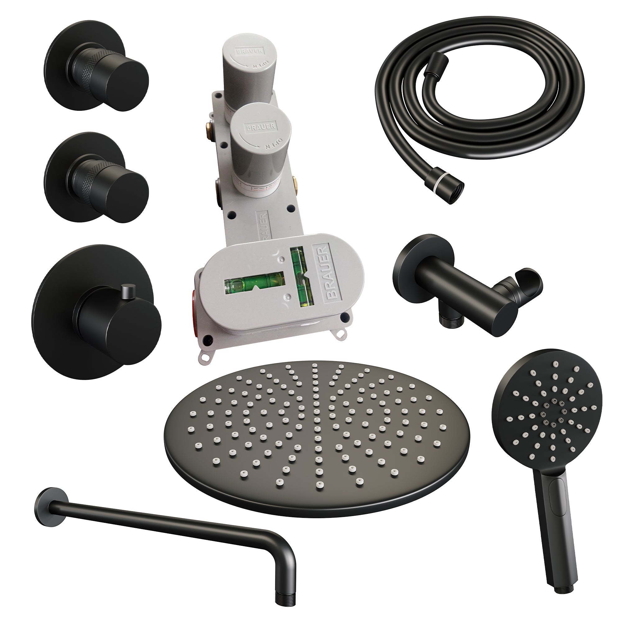 Brauer Edition thermostatische inbouw doucheset - hoofddouche 30cm - wandarm gebogen - ronde handdouche - Mat Zwart