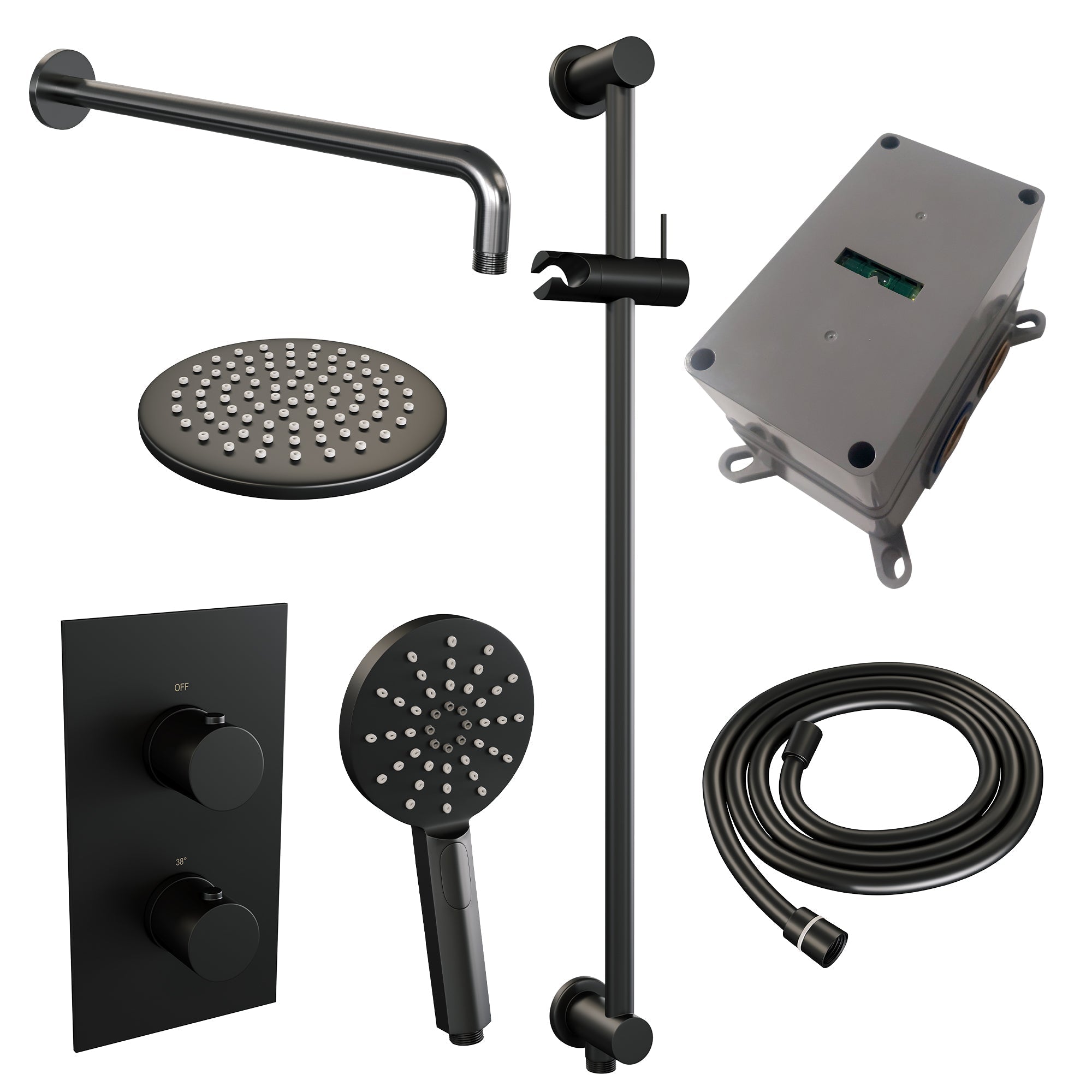 Brauer Edition inbouwset met 3-weg thermostaat - hoofddouche 20cm - gebogen wandarm 40cm - ronde 3-standen handdouche - glijstang met aansluitbocht - Mat Zwart