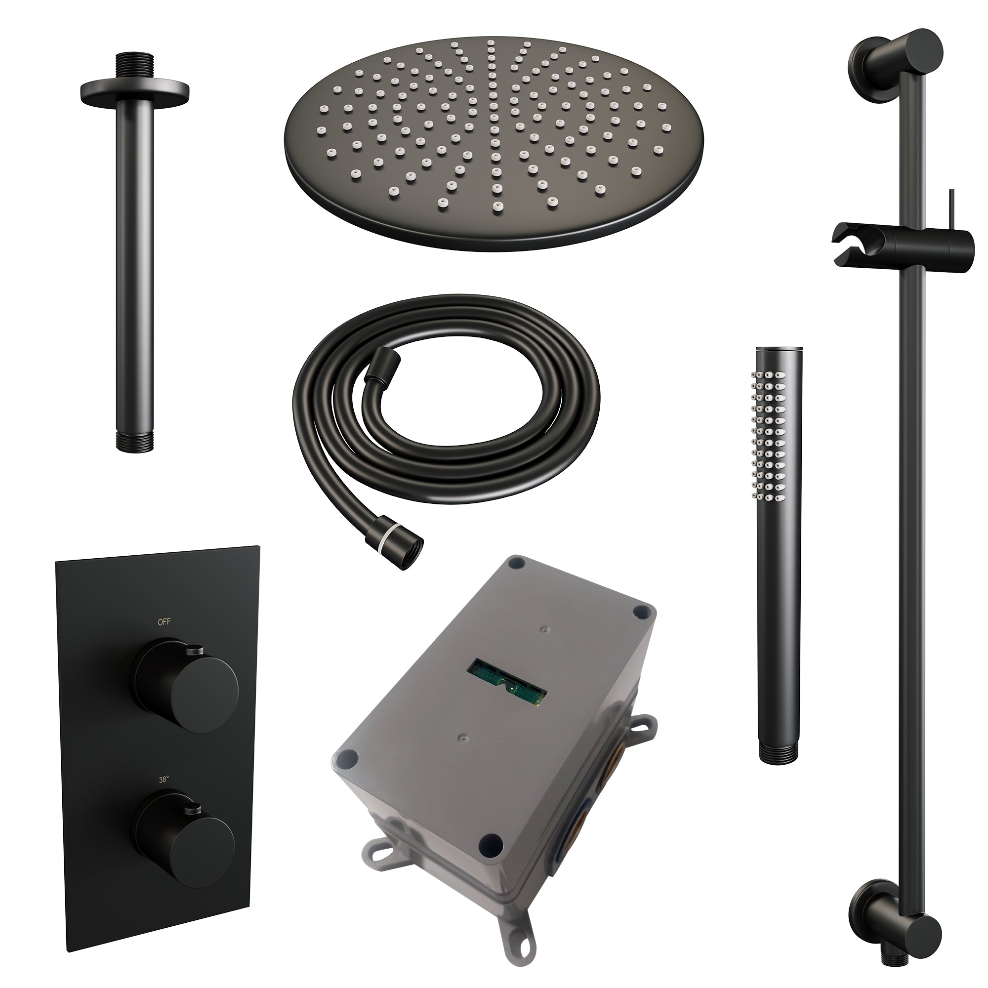 Brauer Edition inbouwset met 3-weg thermostaat - hoofddouche 30cm - plafondbuis 20cm - staafhanddouche - glijstang met aansluitbocht - Mat Zwart