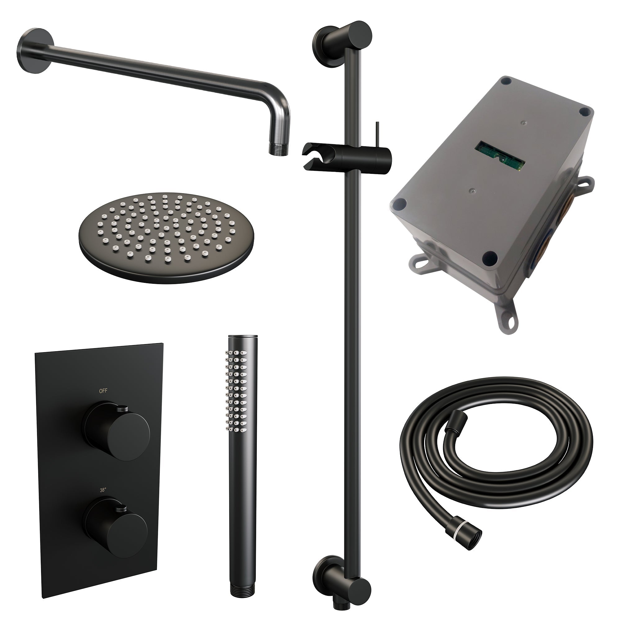Brauer Edition inbouwset met 3-weg thermostaat - hoofddouche 20cm - gebogen wandarm 40cm - staafhanddouche - glijstang met aansluitbocht - Mat Zwart