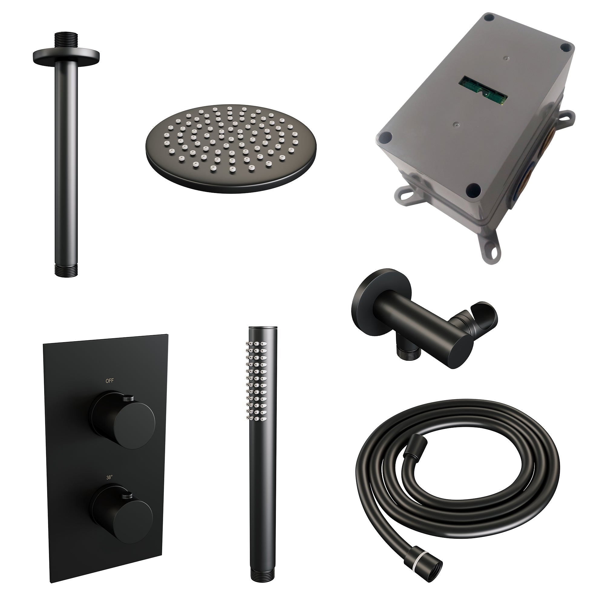 Brauer Edition inbouwset met 3-weg thermostaat - hoofddouche 20cm - plafondbuis 20cm - staafhanddouche - wandaansluiting - Mat Zwart