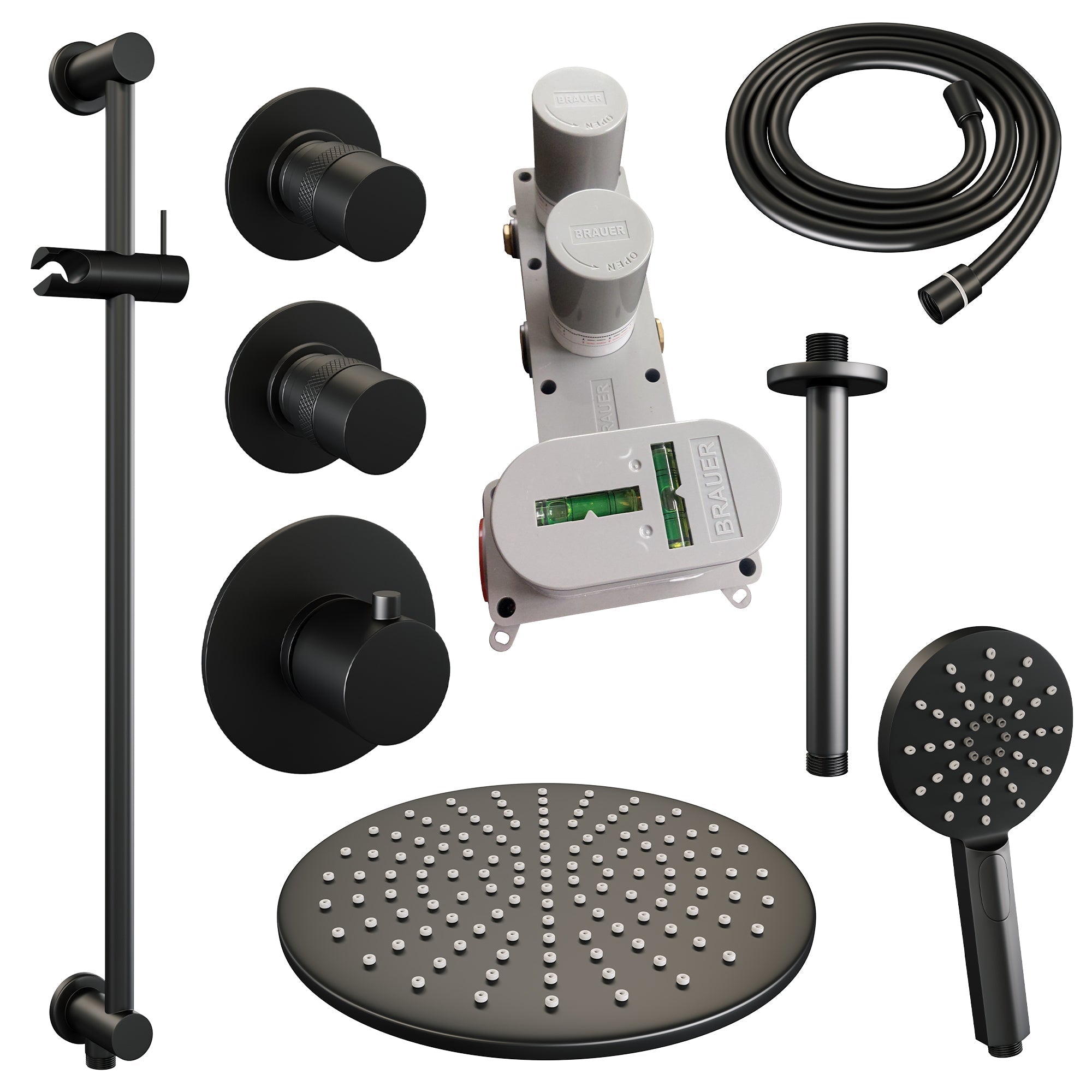 Brauer Edition thermostatische inbouw doucheset - Mat Zwart - hoofddouche 30cm - plafondsteun - ronde handdouche - Glijstang