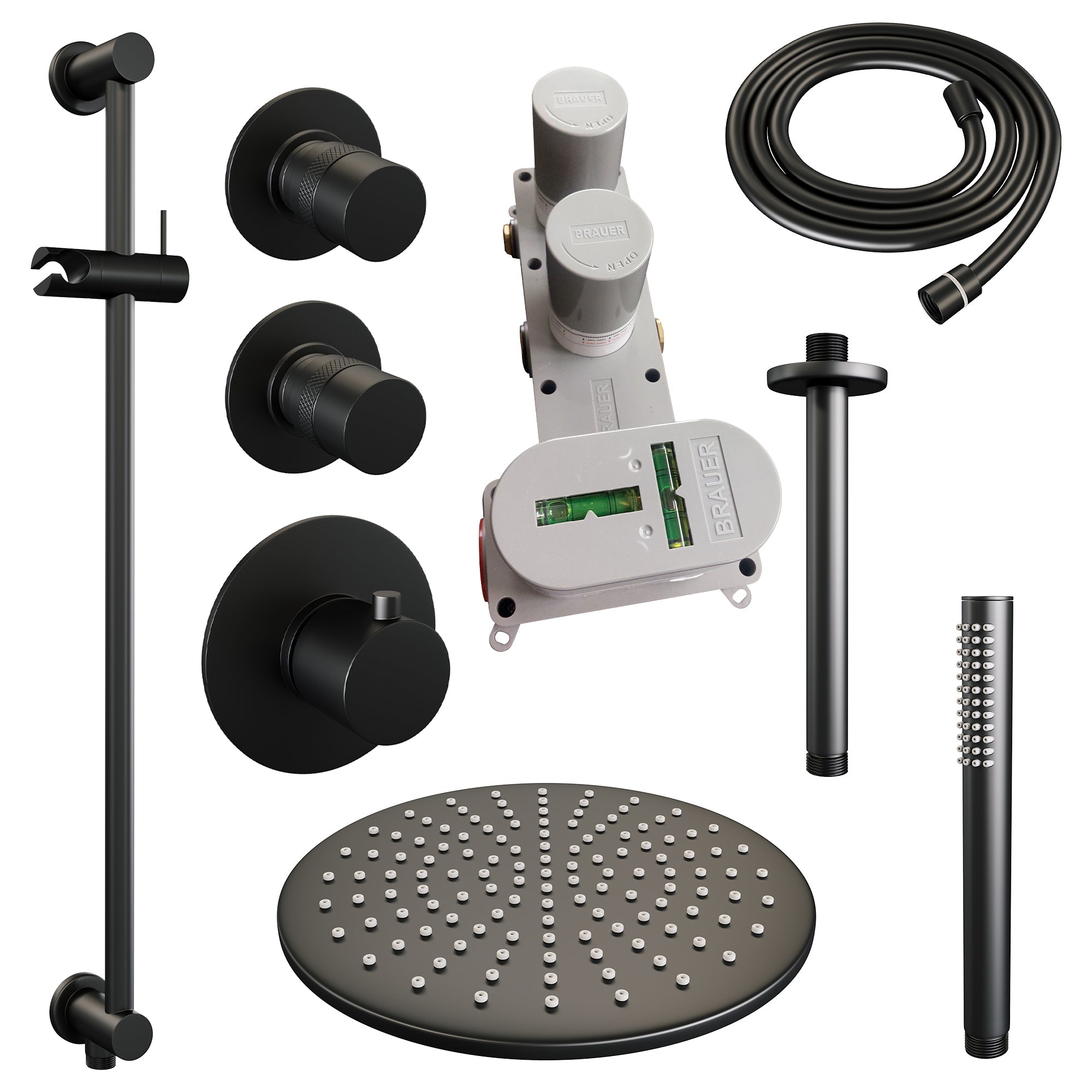 Brauer Edition thermostatische inbouw doucheset - Mat Zwart - hoofddouche 30cm - plafondsteun - staafhanddouche - Glijstang