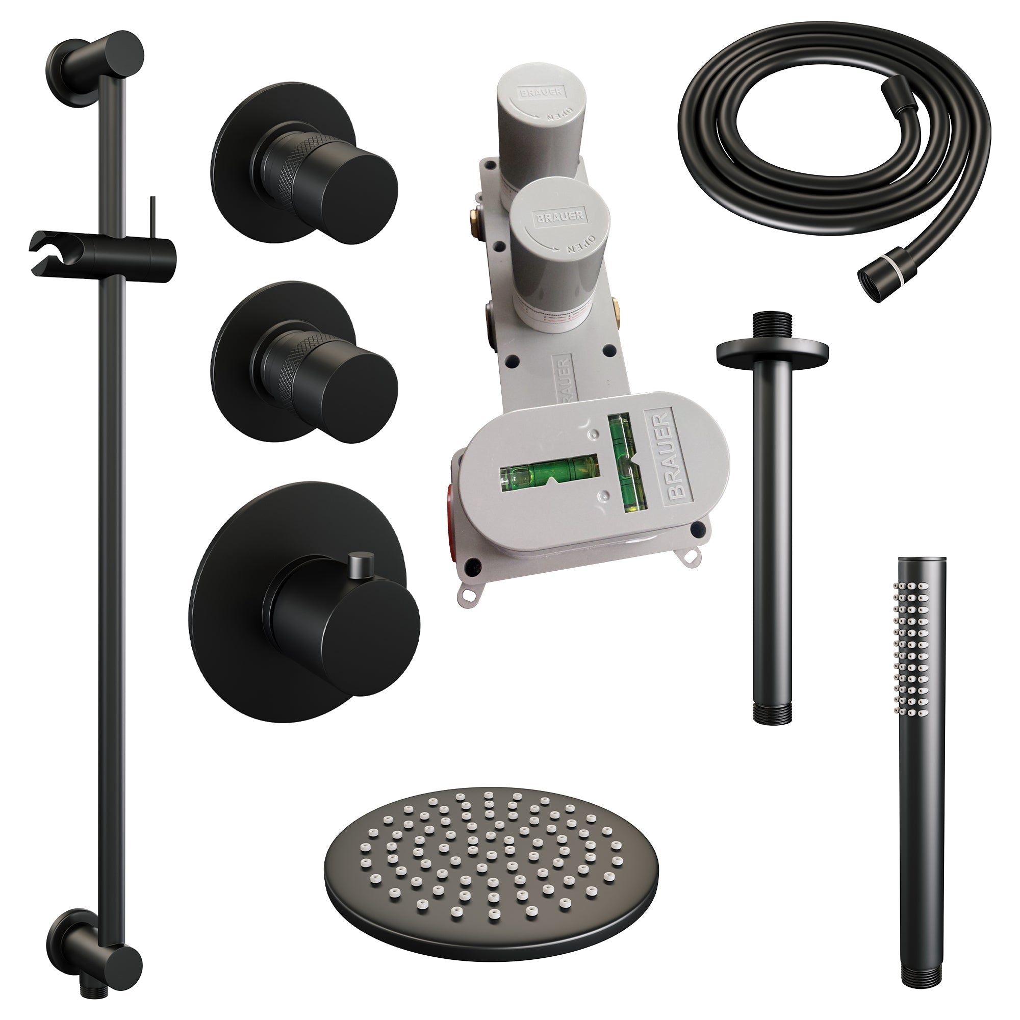 Brauer Edition thermostatische inbouw doucheset - Mat Zwart - hoofddouche 20cm - plafondsteun - staafhanddouche - Glijstang