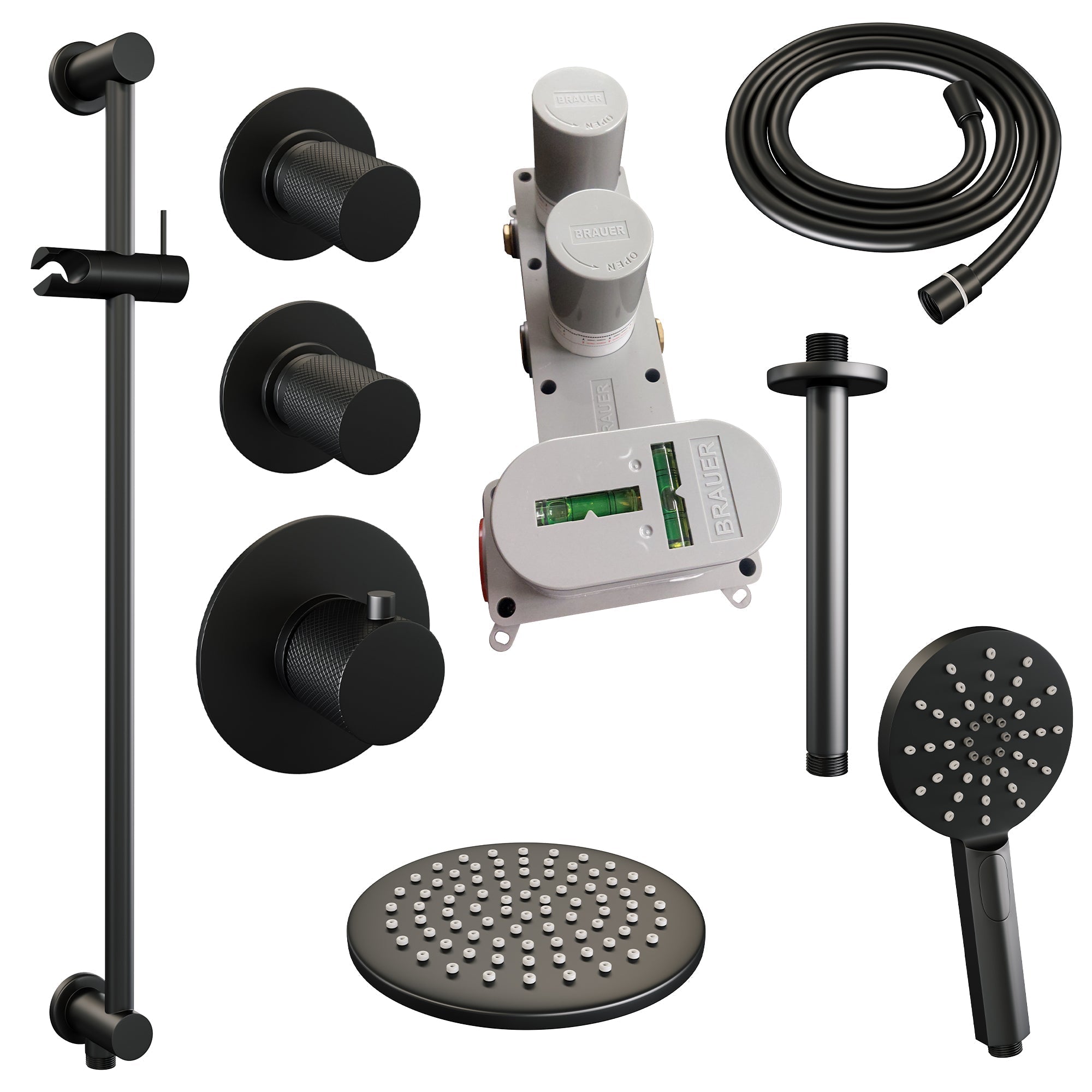 Brauer Carving thermostatische inbouw doucheset - hoofddouche 20cm - plafondbuis - 3 standen handdouche rond - Glijstang - Mat Zwart