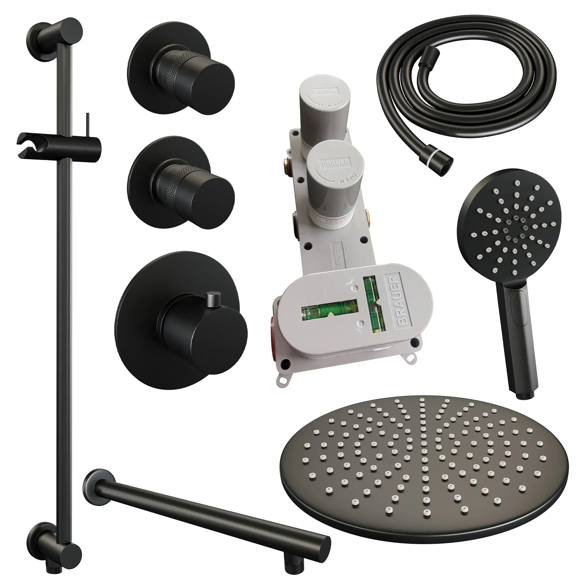 Brauer Edition thermostatische inbouw doucheset - Mat Zwart - hoofddouche 30cm - wandarm - ronde handdouche - Glijstang