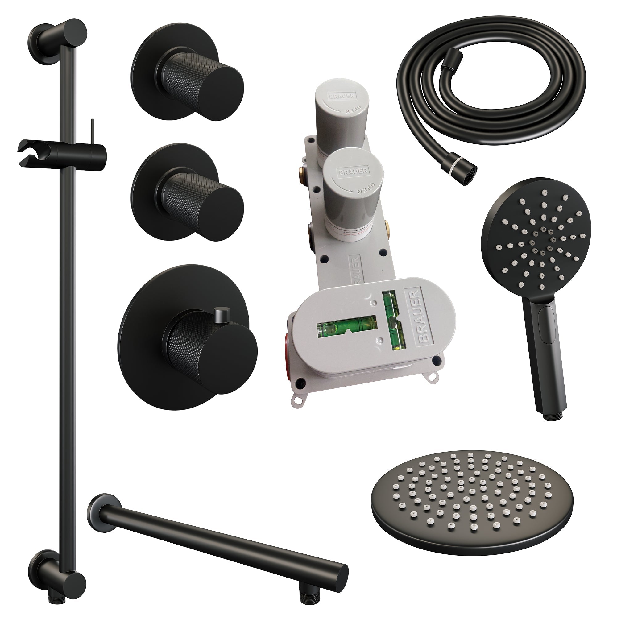 Brauer Carving thermostatische inbouw doucheset - hoofddouche 20cm - rechte wandarm - 3 standen handdouche rond - Glijstang - Mat Zwart