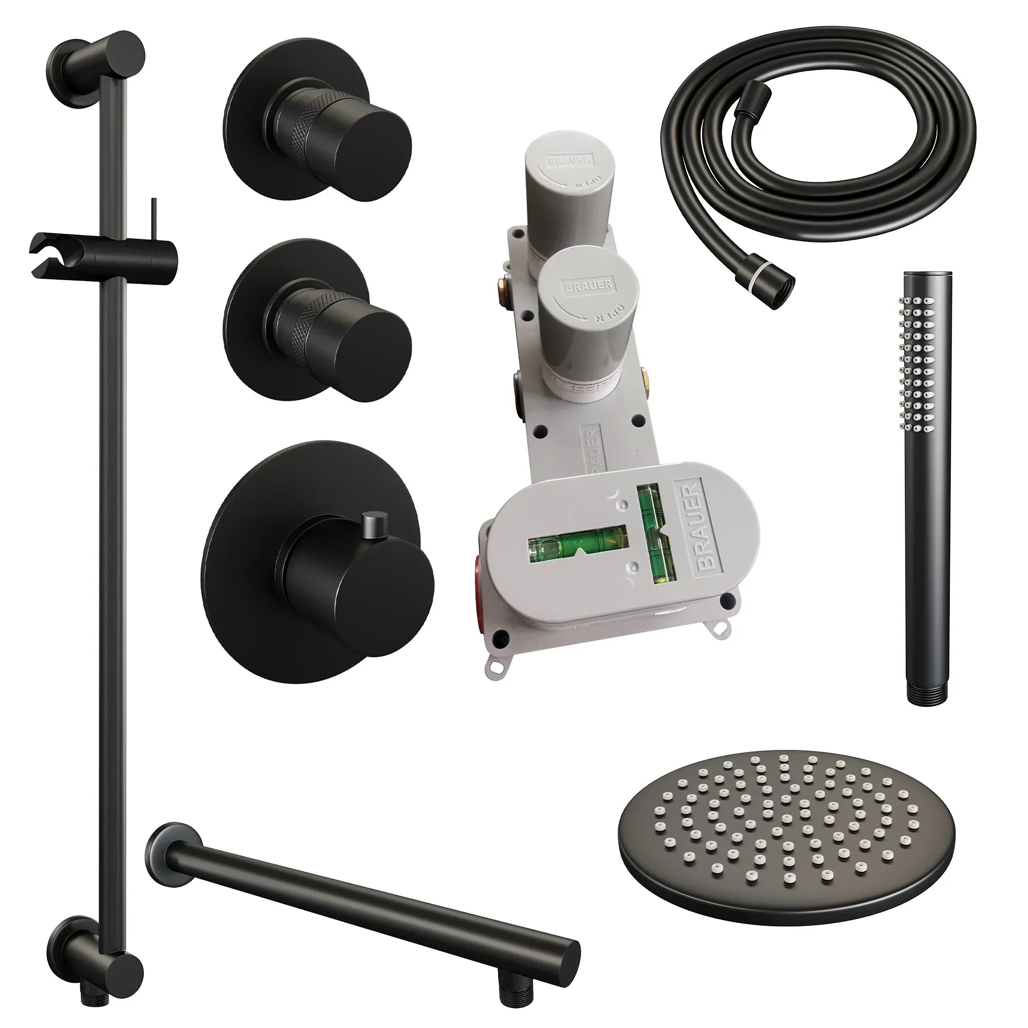 Brauer Edition thermostatische inbouw doucheset - Mat Zwart - hoofddouche 20cm - wandarm - staafhanddouche - Glijstang