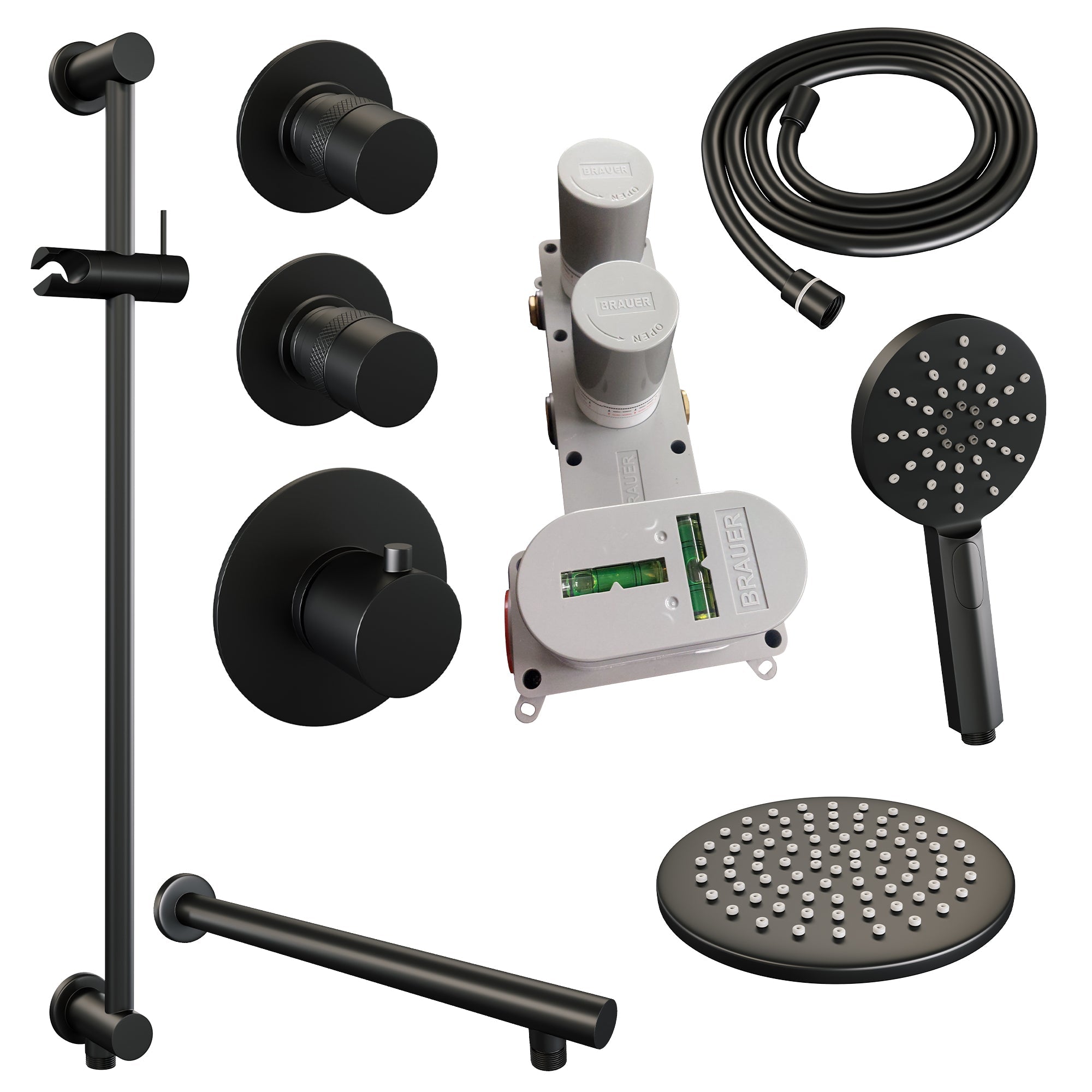 Brauer Edition thermostatische inbouw doucheset - Mat Zwart - hoofddouche 20cm - wandarm - ronde handdouche - Glijstang