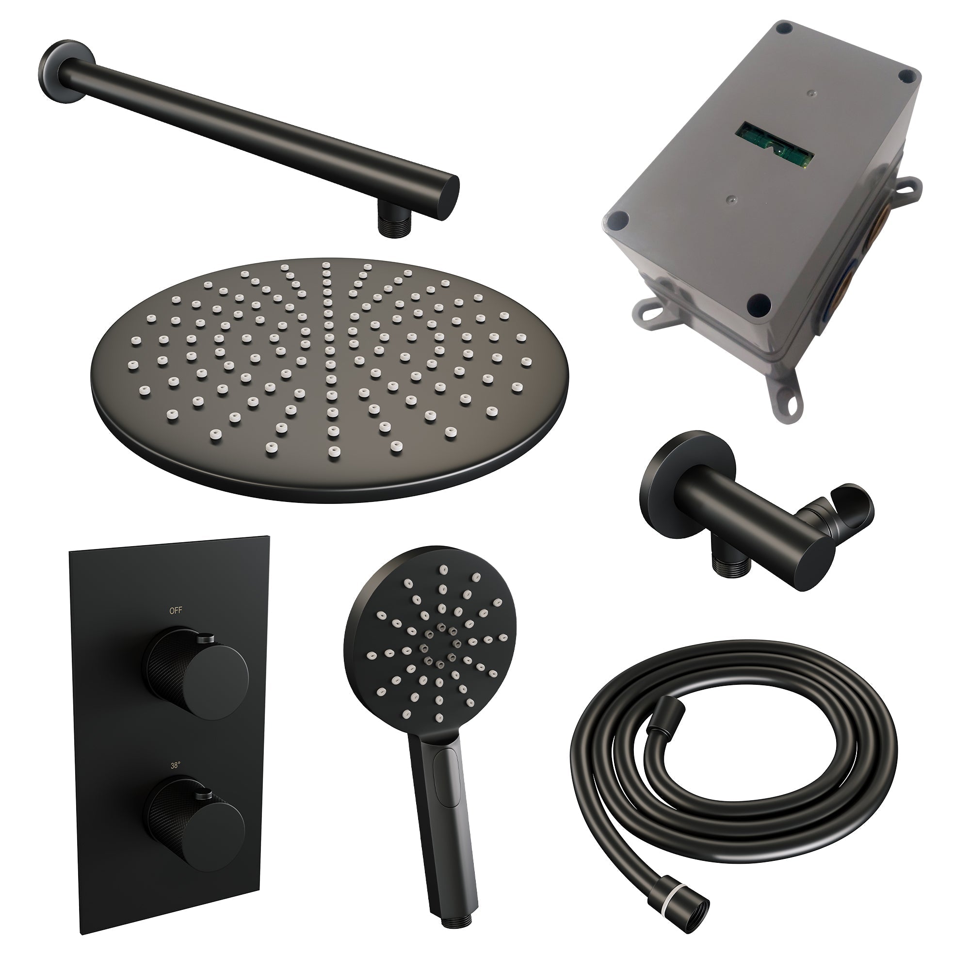 Brauer Edition inbouwset met 3-weg thermostaat - hoofddouche 30cm - rechte wandarm 40cm - ronde 3-standen handdouche - wandaansluiting - Mat Zwart