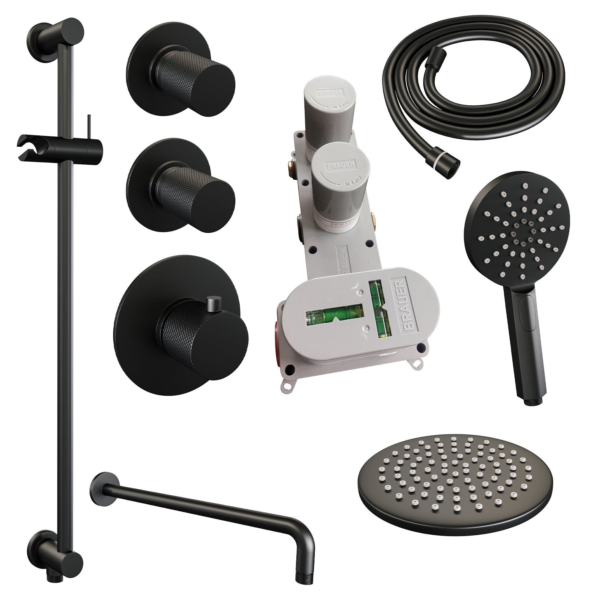 Brauer Carving thermostatische inbouw doucheset - hoofddouche 20cm - gebogen wandarm - 3 standen handdouche rond - Glijstang - Mat Zwart