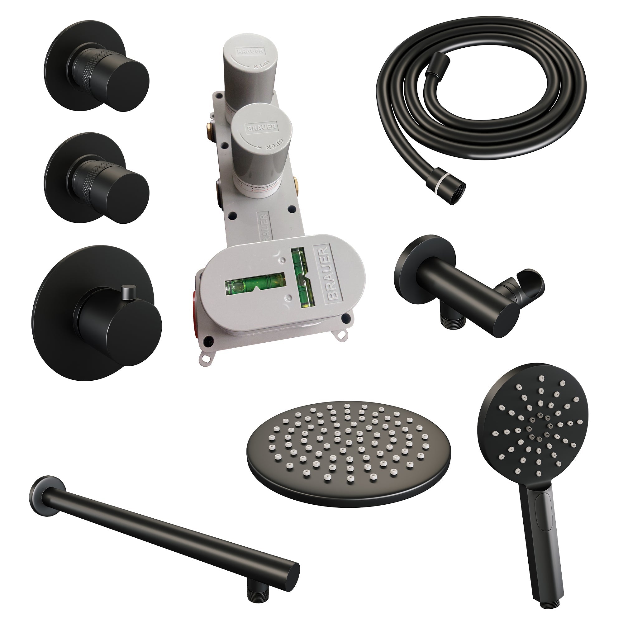 Brauer Edition thermostatische inbouw doucheset - Mat Zwart - hoofddouche 20cm - wandarm - ronde handdouche