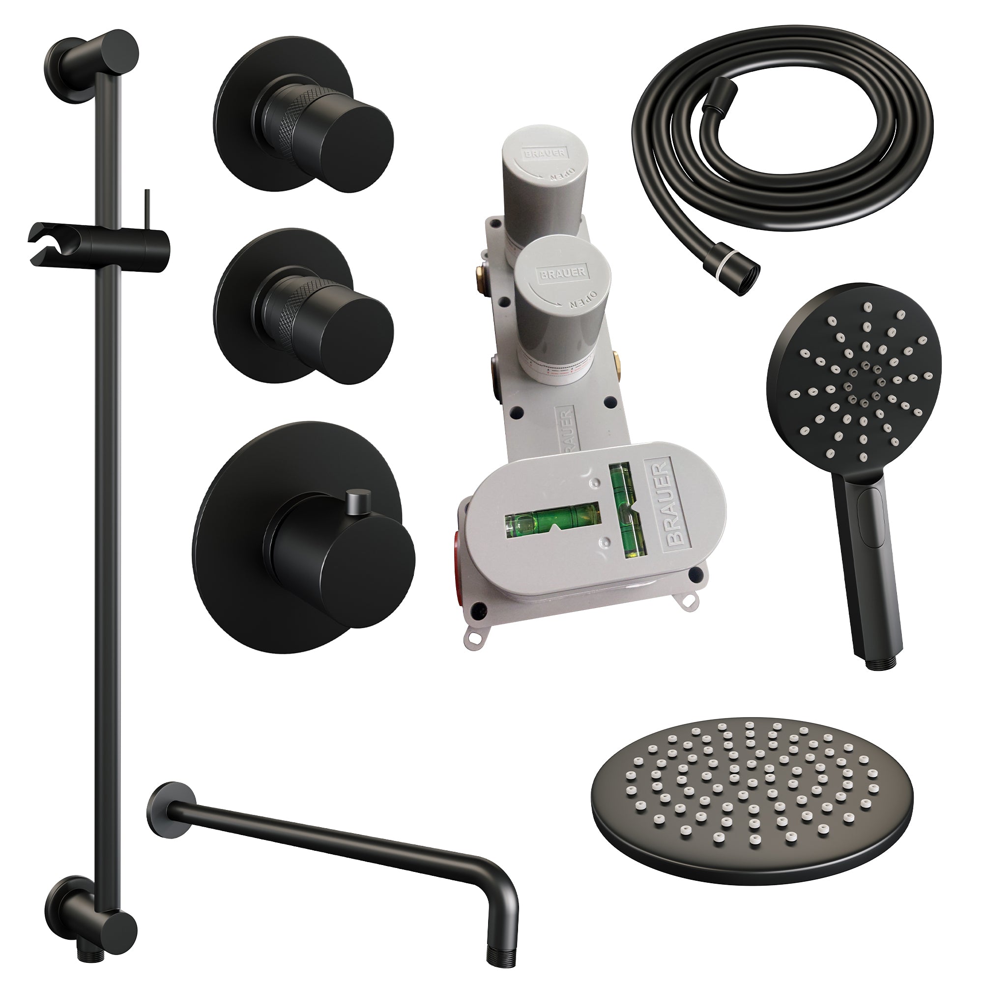 Brauer Edition thermostatische inbouw doucheset - hoofddouche 20cm - wandarm gebogen - ronde handdouche - Glijstang - Mat Zwart