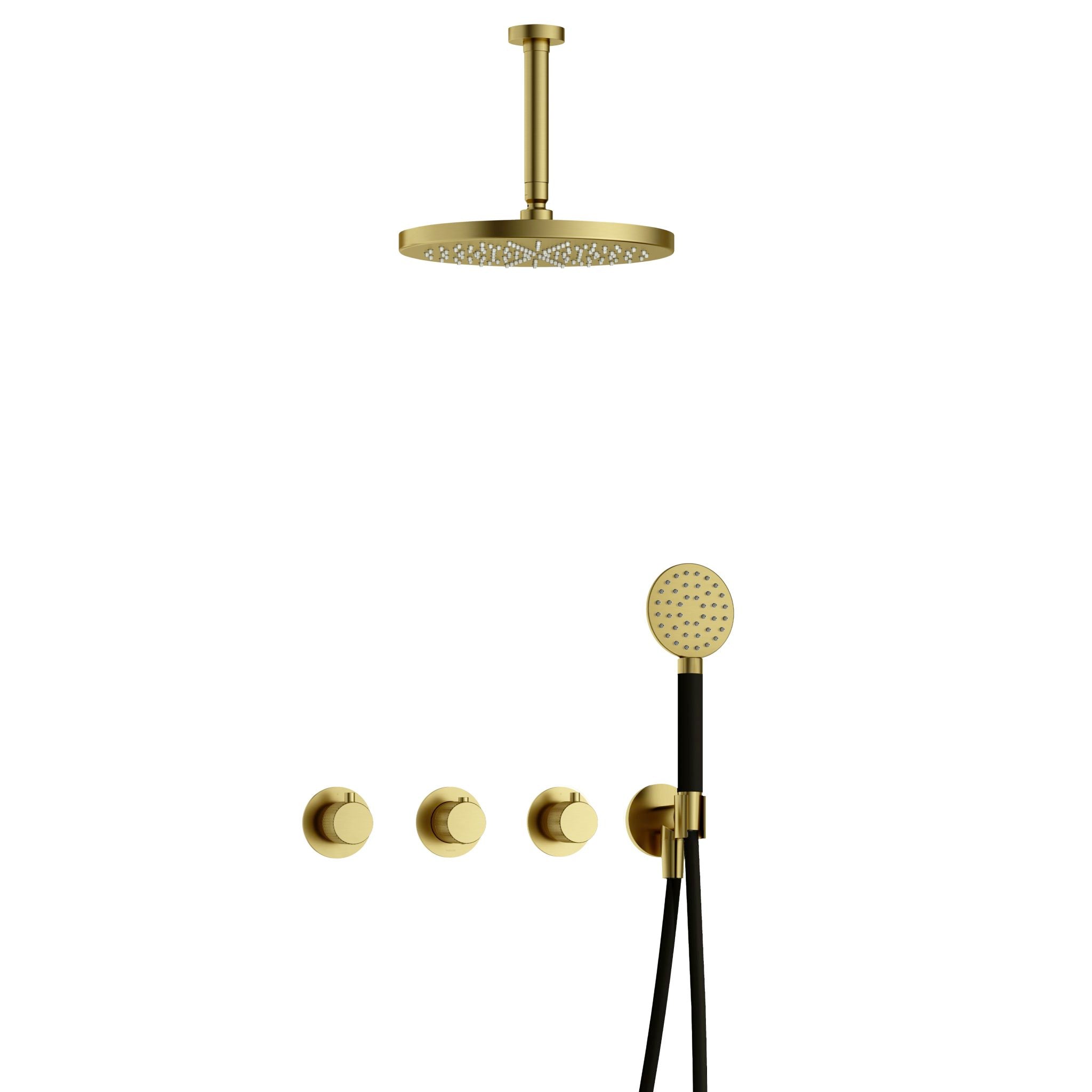Hotbath Cobber X IBSX70 inbouw doucheset - ronde handdouche - 30cm hoofddouche - 15cm plafondbuis - wandhouder - Geborsteld Messing PVD