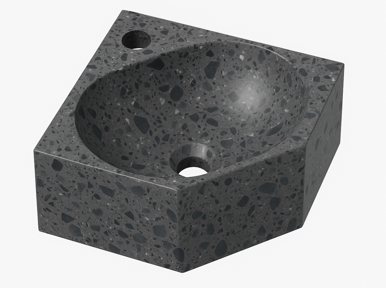 Ink Matrix hoekfontein 27x27cm composiet - met kraangat - mat grijs terrazzo