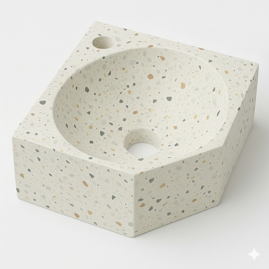 Ink Matrix hoekfontein 27x27cm composiet - met kraangat - Mat Multi Terrazzo