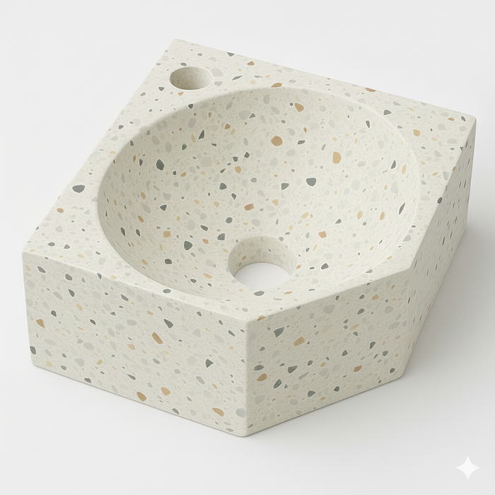Ink Matrix hoekfontein 27x27cm composiet - met kraangat - Mat Multi Terrazzo