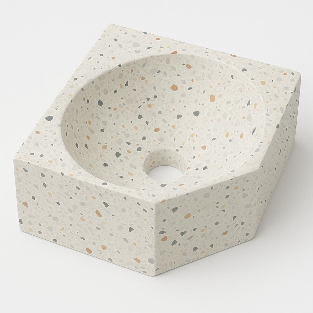 Ink Matrix hoekfontein 27x27cm composiet - zonder kraangat - Mat Multi Terrazzo