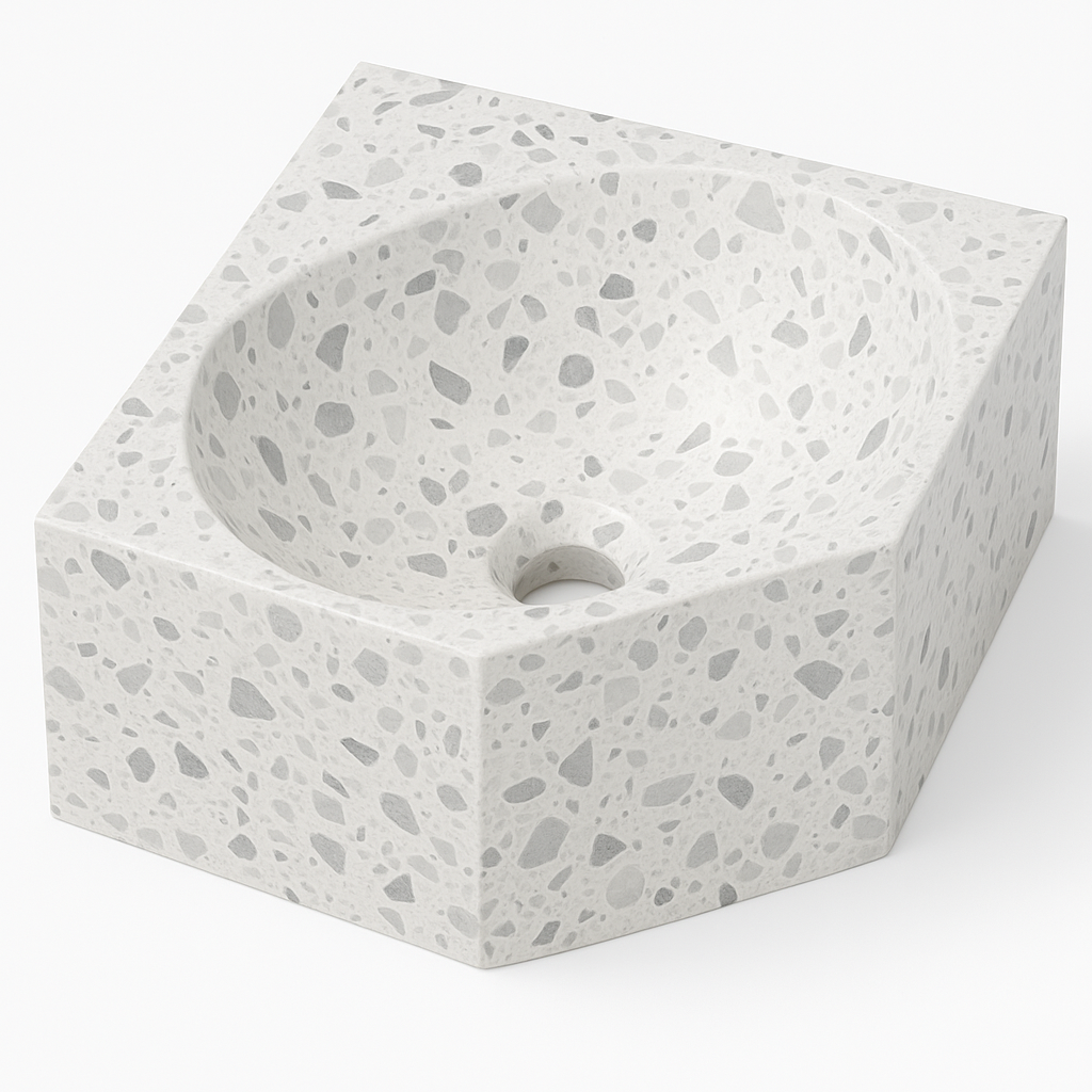 Ink Matrix hoekfontein 27x27cm composiet - zonder kraangat - mat wit terrazzo