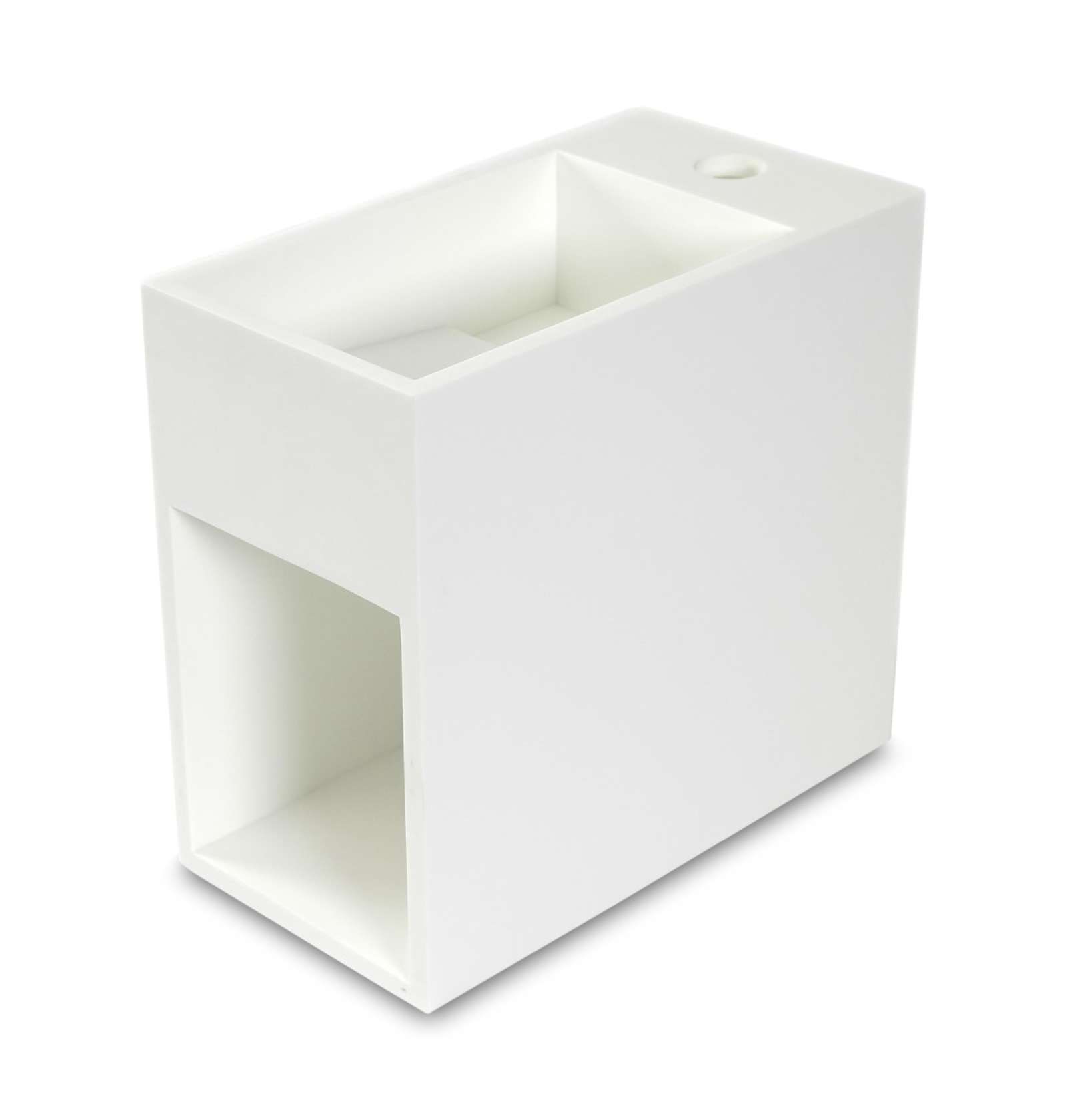 Luca Sanitair fontein met open schap links 35x18,5x32h in solid surface met verdekte afvoer, kraangat rechts mat wit - LUVA1335M